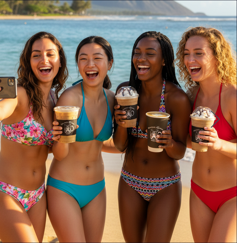 Four women in swimsuits smiling and holding coffee drinks on the beach with ocean and mountains in the background.