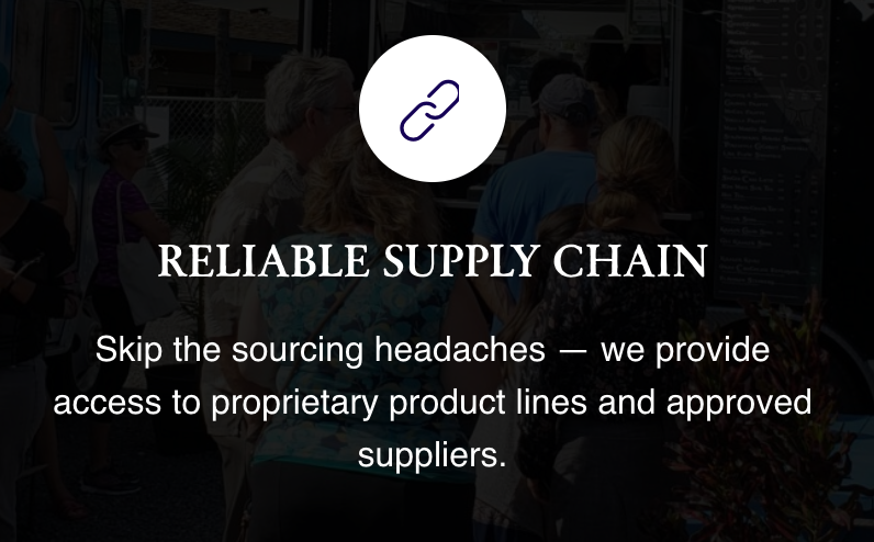 Text overlay on a dark background promoting a reliable supply chain, mentioning access to proprietary product lines and approved suppliers, with people waiting outdoors, possibly at a food truck or outdoor vendor.