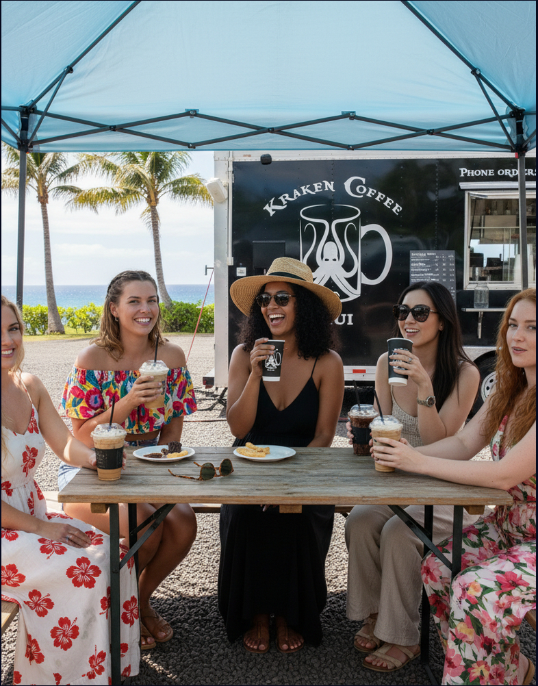 Group of five women sitting at an outdoor table under a blue canopy, enjoying drinks and snacks with a coffee truck in the background near palm trees and a beach.
