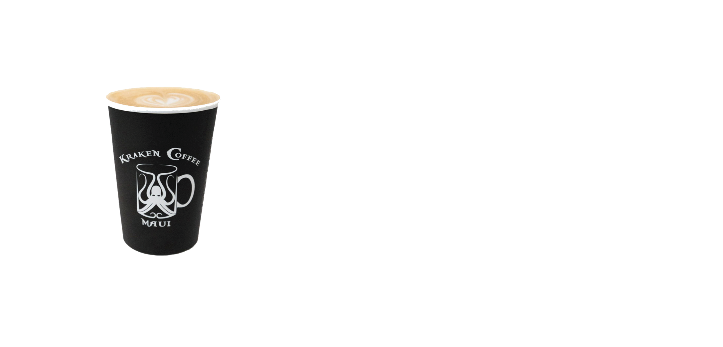Black paper cup with white logo and text reading 'Kraken Coffee Maui', filled with latte art.