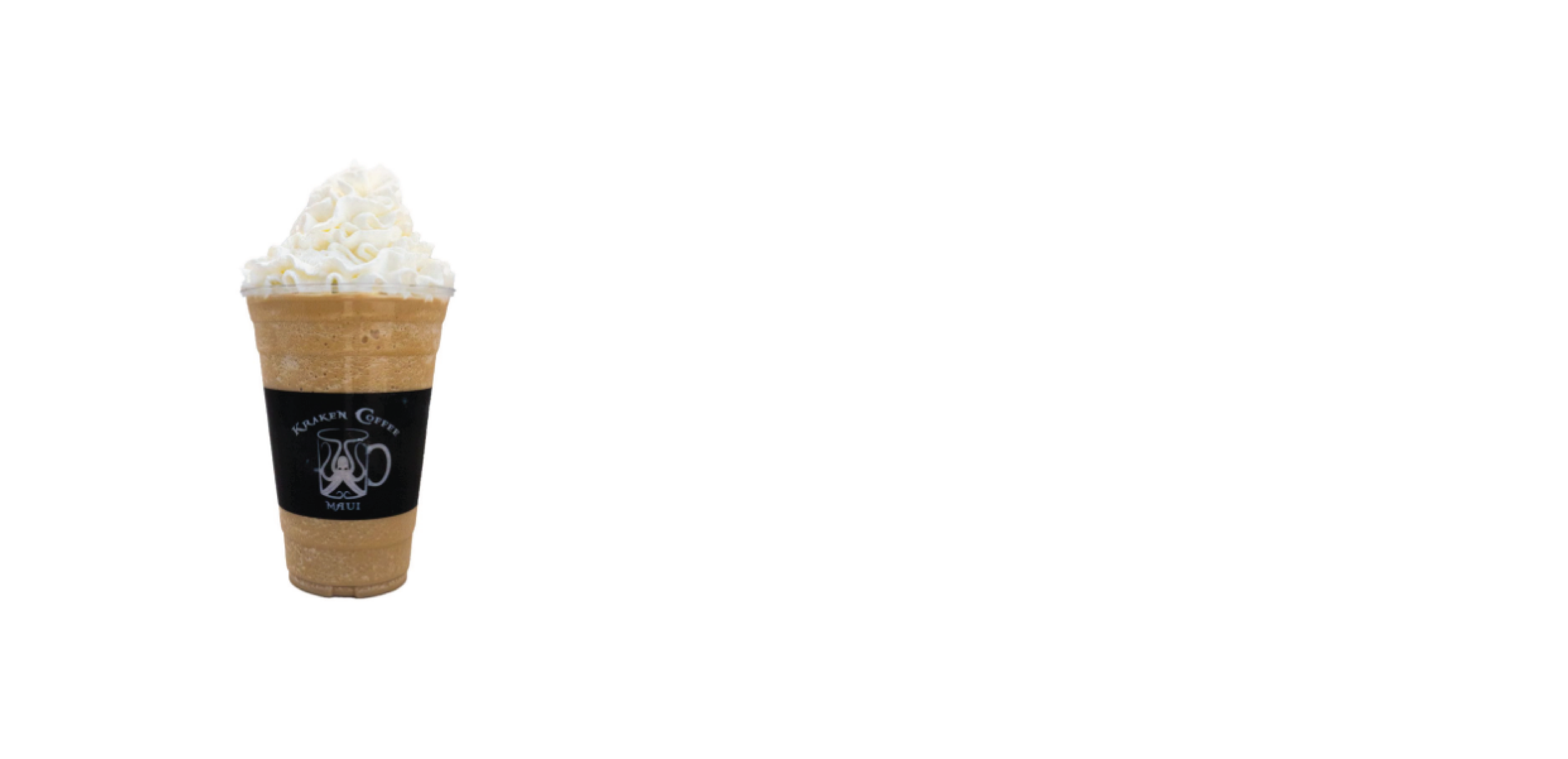 Coffee beverage in a clear plastic cup topped with whipped cream, with a black sleeve displaying a white logo that includes a stylized coffee cup and the words "Kaka'ako Coffee Maui". The background is plain white.