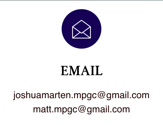 Email contact card with an envelope icon, displaying email addresses for Joshua Marten and Matt, both with Gmail domains.