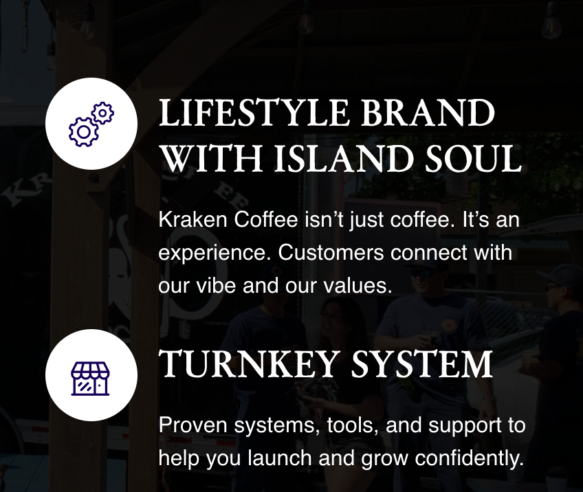A promotional poster for Kraken Coffee featuring the phrases 'Lifestyle Brand with Island Soul' and 'Turnkey System,' with icons of gears and a storefront, and a background of people at an outdoor event.