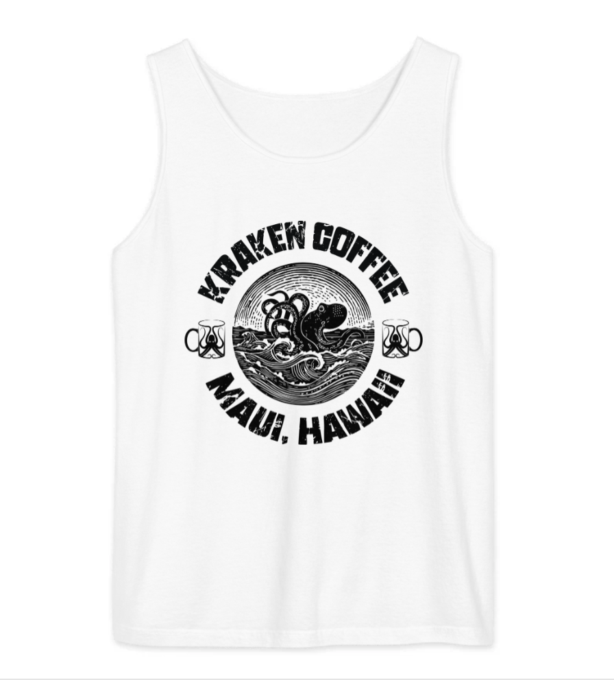 White tank top with a black graphic design of a kraken, two coffee mugs, and the text 'Kraken Coffee Maul, Hawaii'.