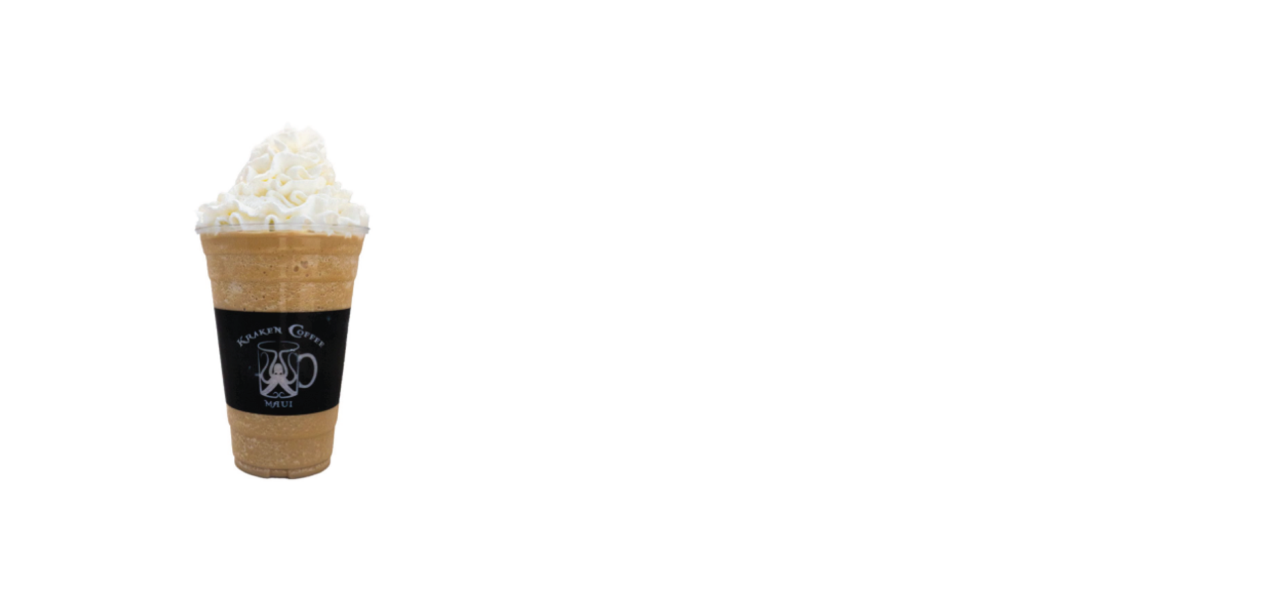 Coffee drink topped with whipped cream in a clear plastic cup with a black sleeve labeled 'Kauai Coffee Maui'.