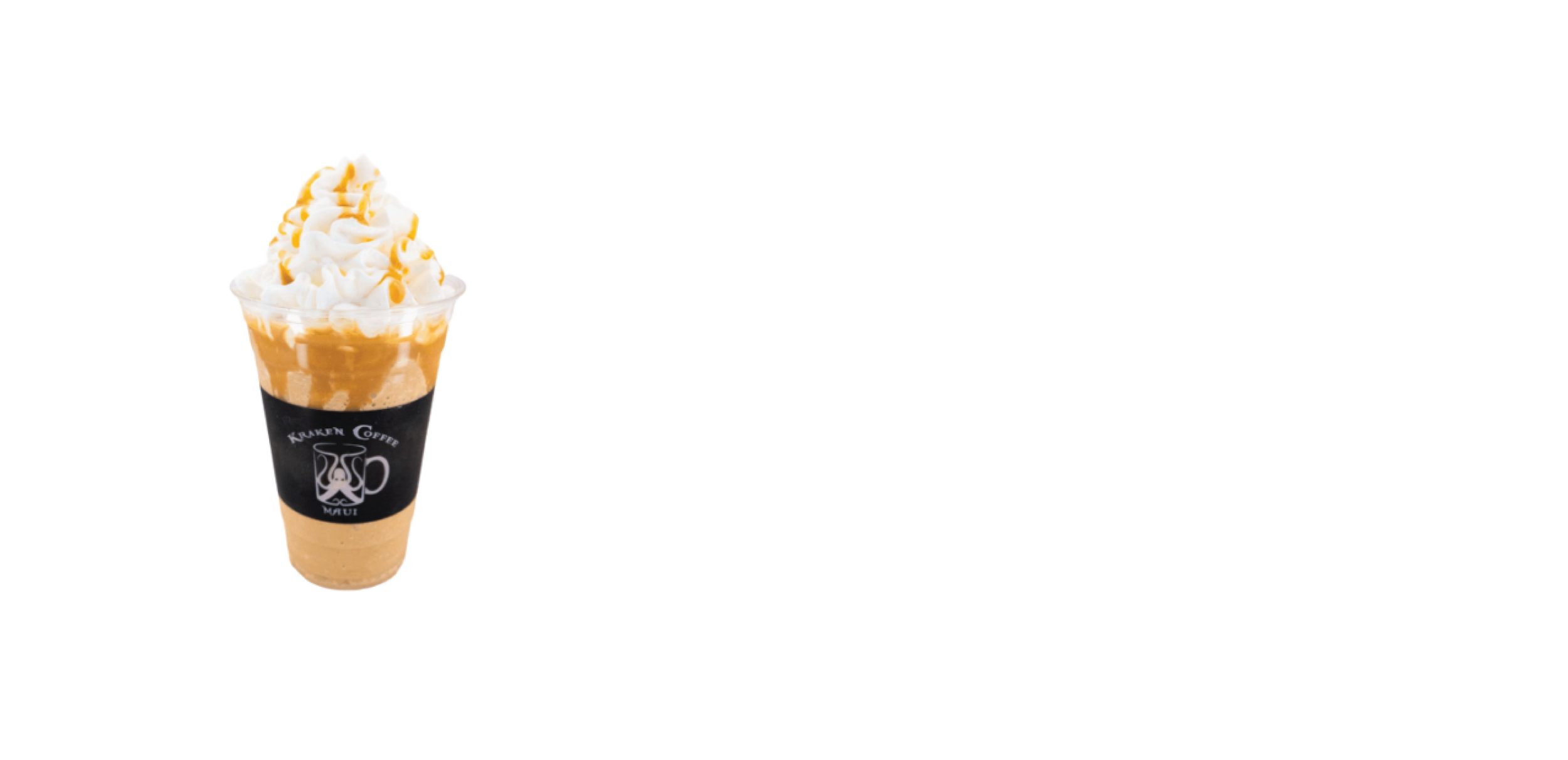 Frosted coffee beverage topped with whipped cream and caramel drizzle in a clear plastic cup with a black logo sleeve.
