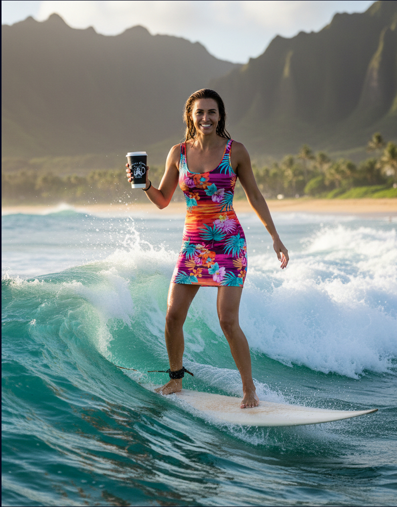 Woman in a colorful floral dress surfing on a wave at the beach, holding a cup of coffee, with mountains and trees in the background.