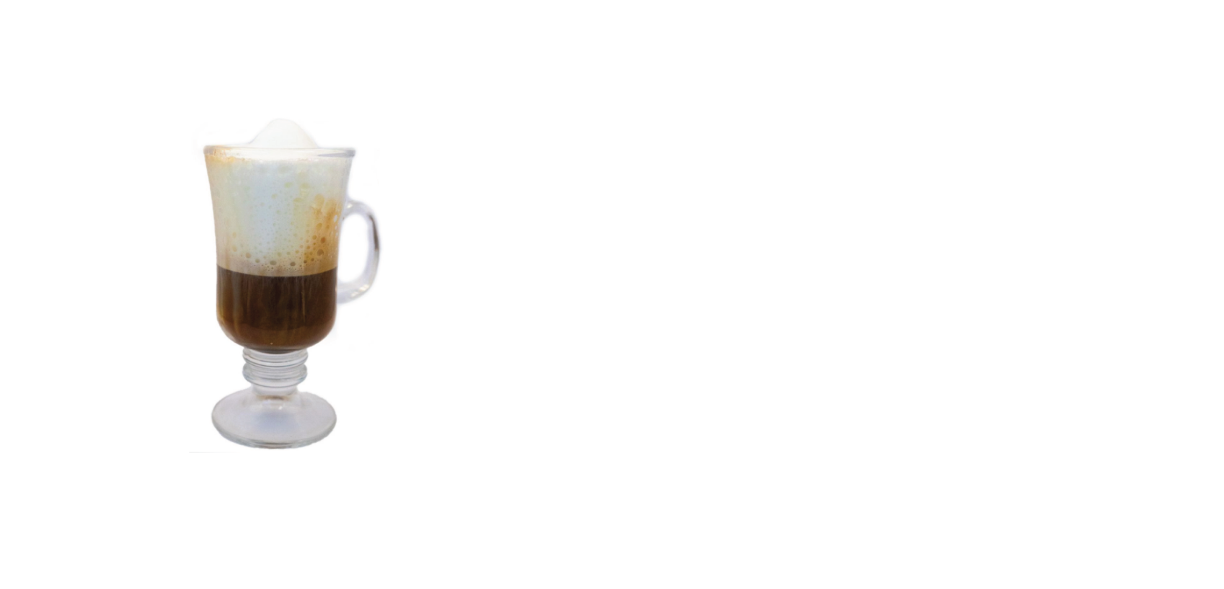 A tall glass mug with a handle and a pedestal base, filled with layered iced coffee topped with whipped cream.