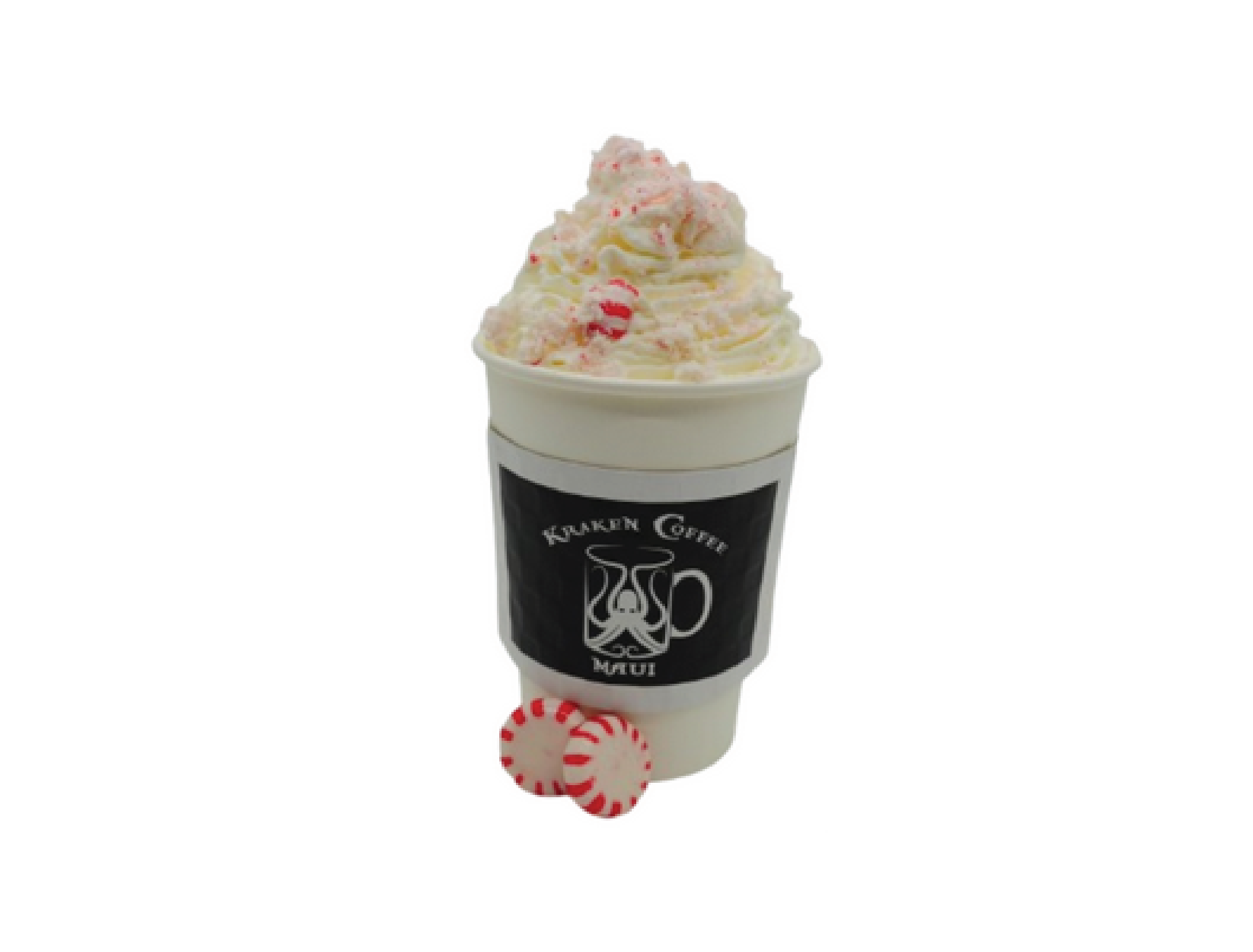 A cup of whipped cream topped with mini peppermint candies on a black and white sleeve with a logo that says "Kauai Coffee Maui".