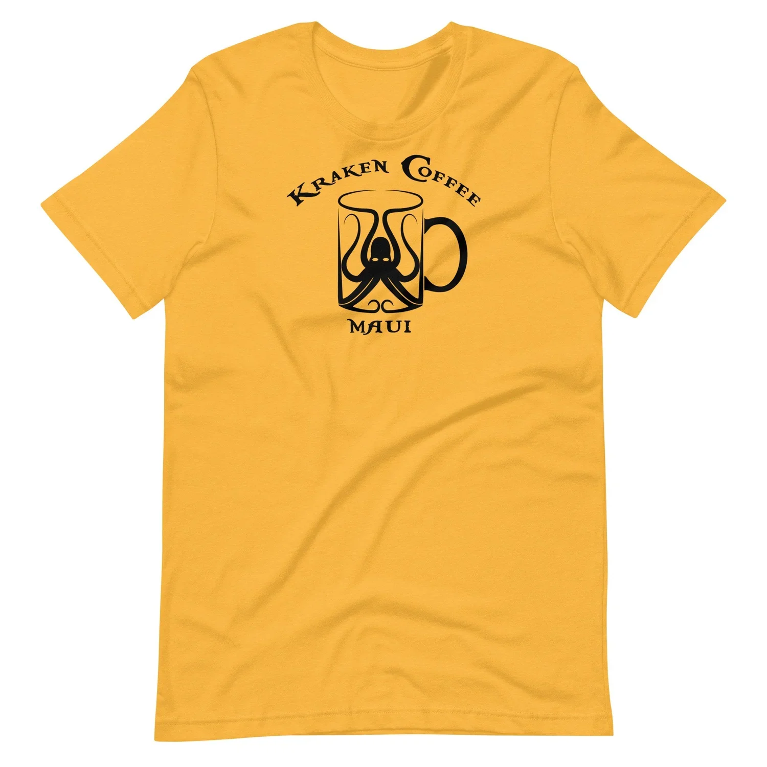 Yellow T-shirt with black graphic and text reading 'Kraken Coffee Maui' and a stylized octopus within a coffee mug design.
