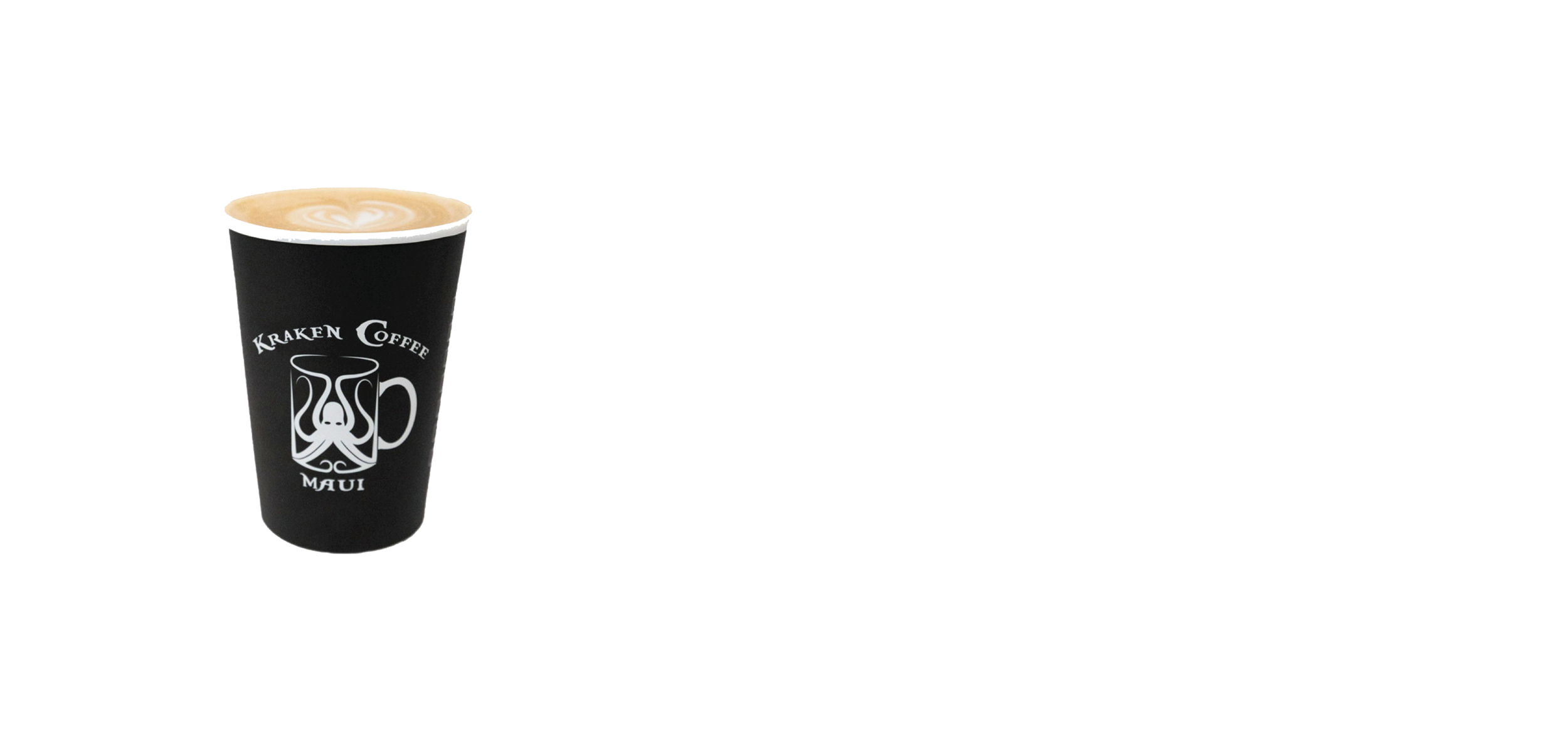 Black coffee cup with latte art, logo of Kraken Coffee Maui, and the text 'Cortado Espresso and Milk, Equal parts espresso and steamed milk, sizes small medium large'