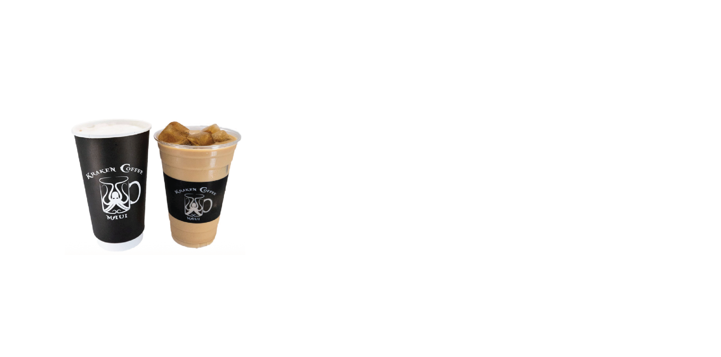 Two beverages from Kraken Coffee Maui, one in a black cup with white drink, and the other in a clear cup with iced coffee and ice cubes, both featuring the Kraken Coffee logo.