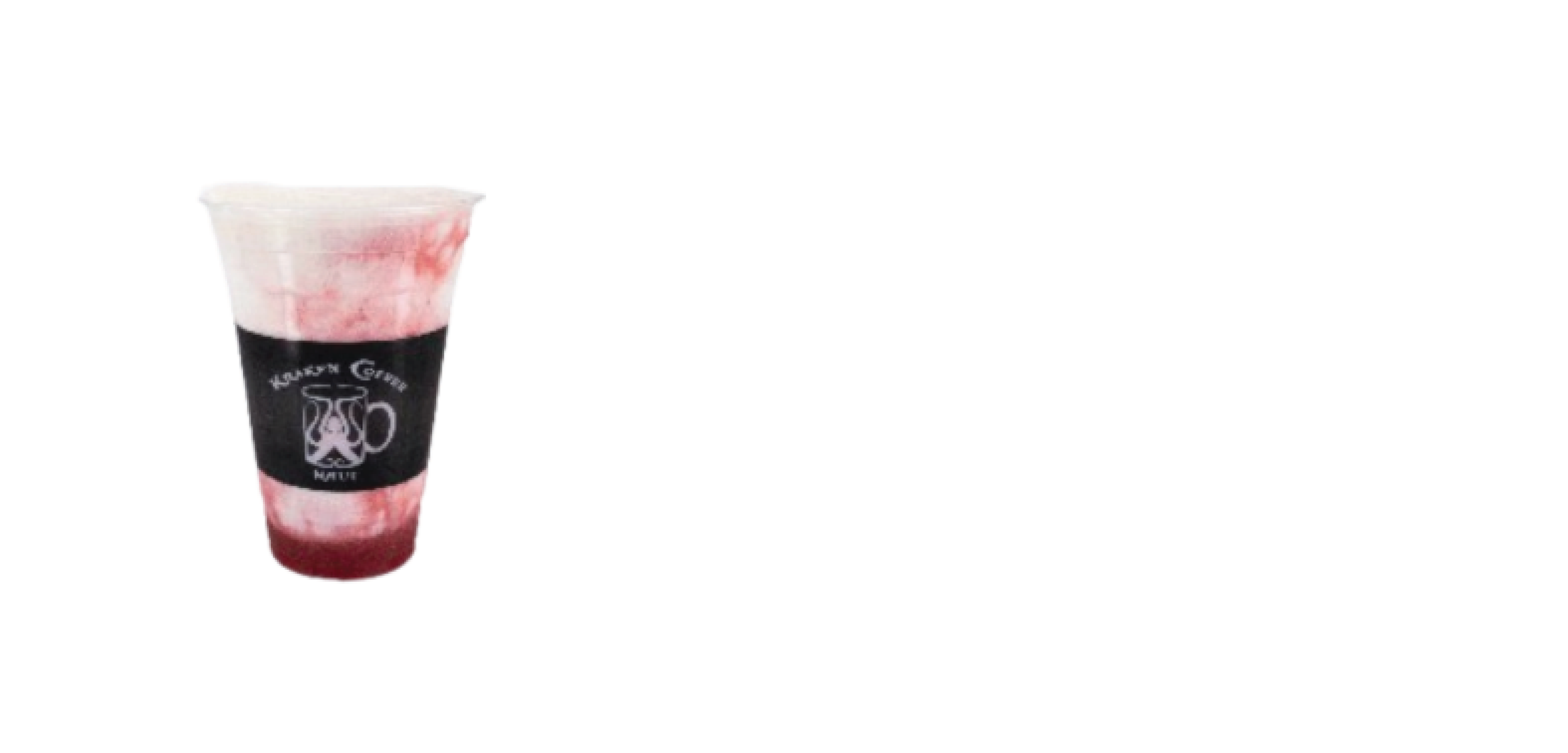 A clear plastic cup with layered pink and white drink, featuring a black label with white graphics and text, on a plain white background.