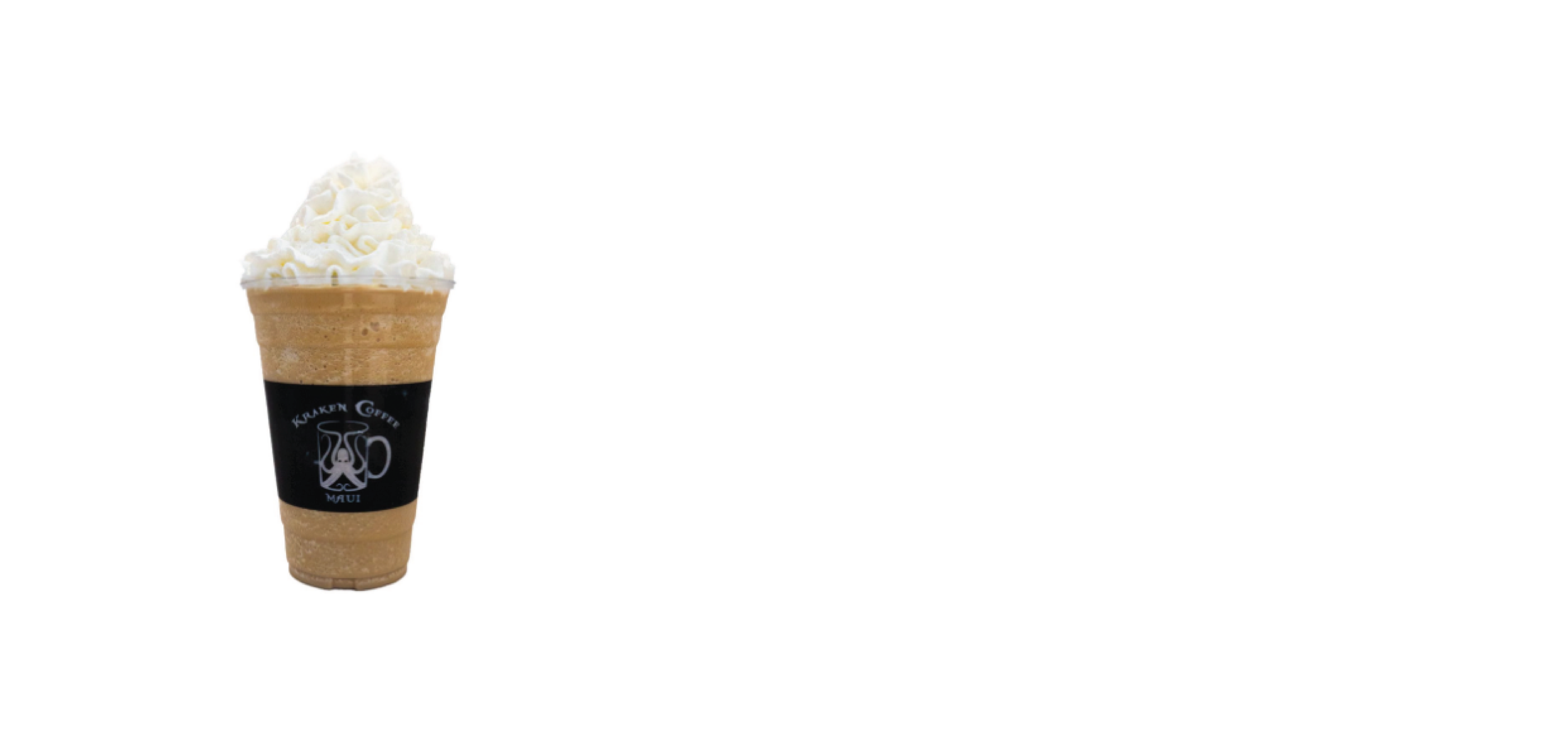 Creamy frozen coffee beverage topped with whipped cream in a to-go cup with a black sleeve featuring a white logo and the text 'KRAKEN COFFEE MAUI'.