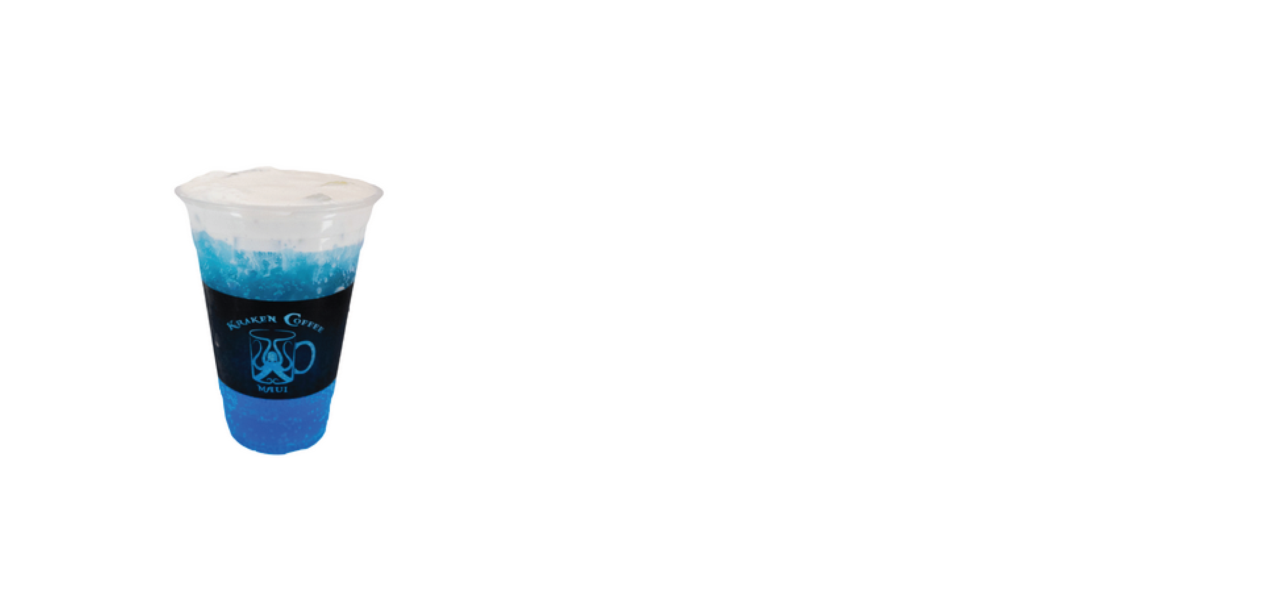 A colorful blue and white frozen drink in a clear plastic cup with a black logo reading "Kauai Coffee Maui".