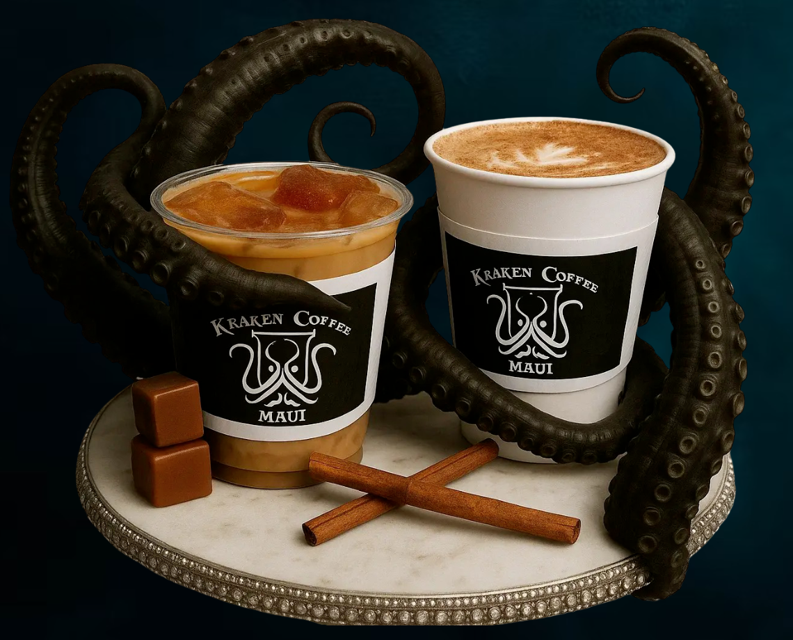 Two coffee drinks, one with ice and caramel color, the other with foam and cinnamon, on a decorative round tray. An octopus tentacle wraps around the drinks, with two cinnamon sticks and caramel candies on the tray. The drinks have a black label that reads 'Kraken Coffee Maui'.