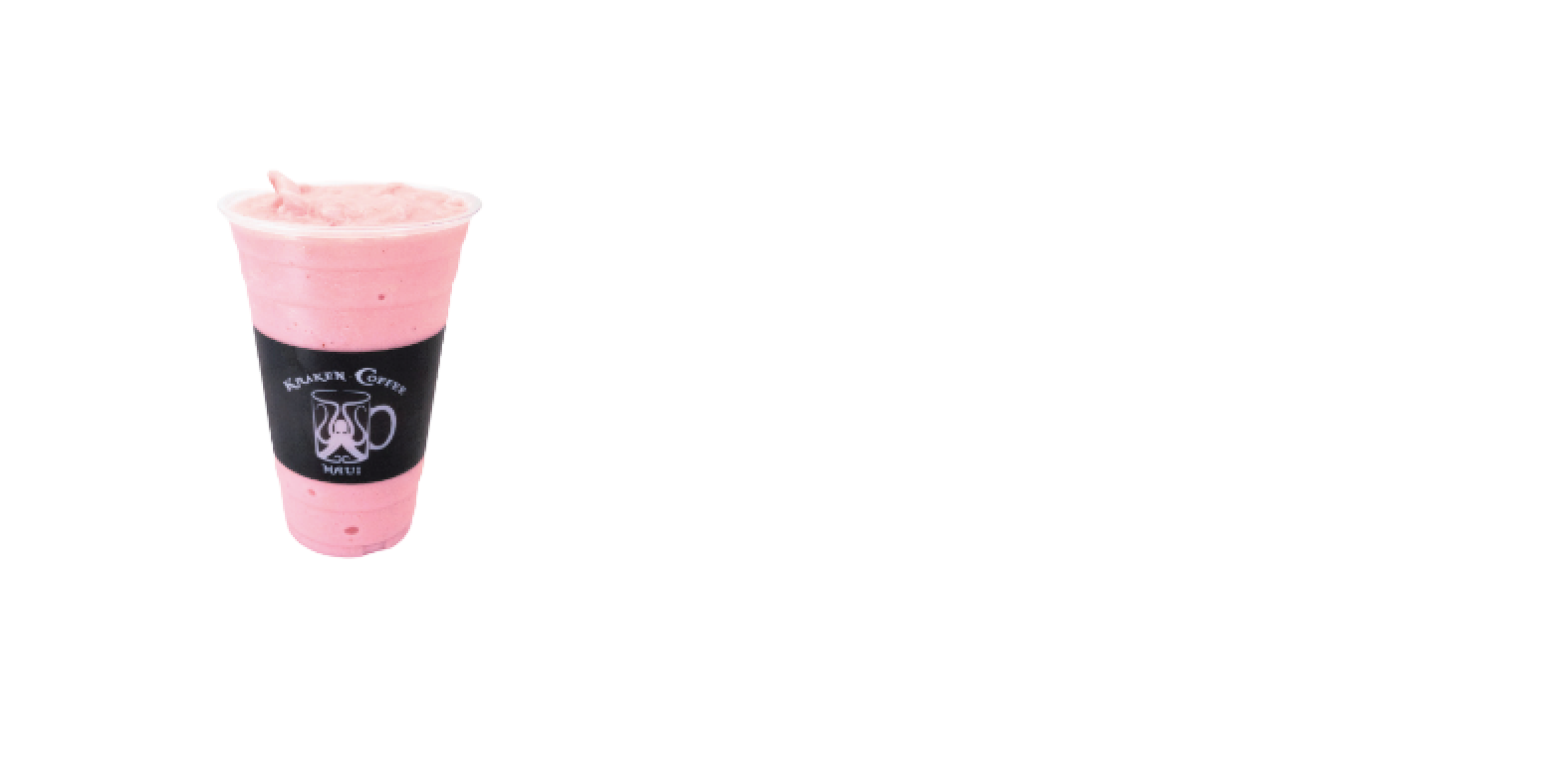 Pink blended drink in a black and purple cup with a straw, featuring a “Kauai Coffee” logo.