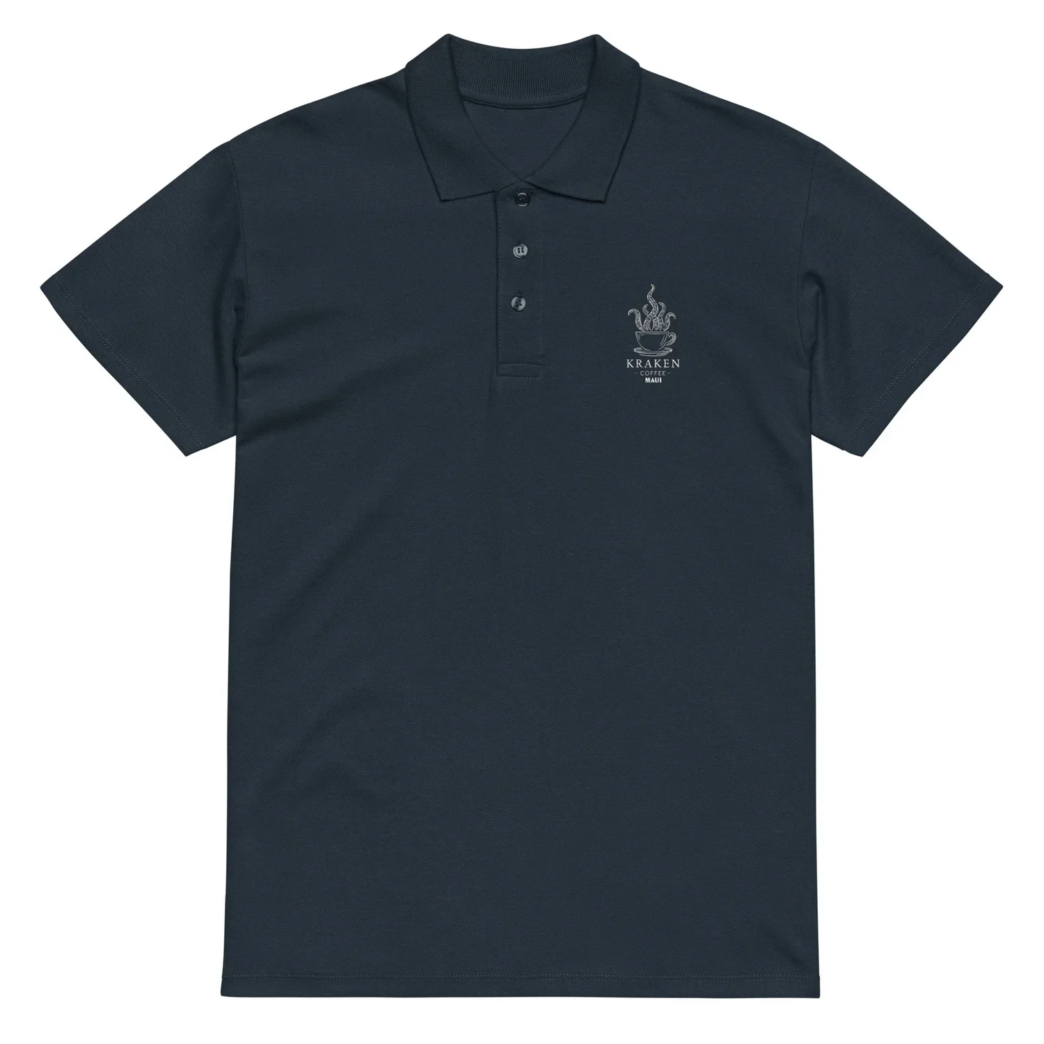 Dark blue polo shirt with a small logo of a steaming bowl and the words "KRAKEN COFFEE MAUI" on the left chest.