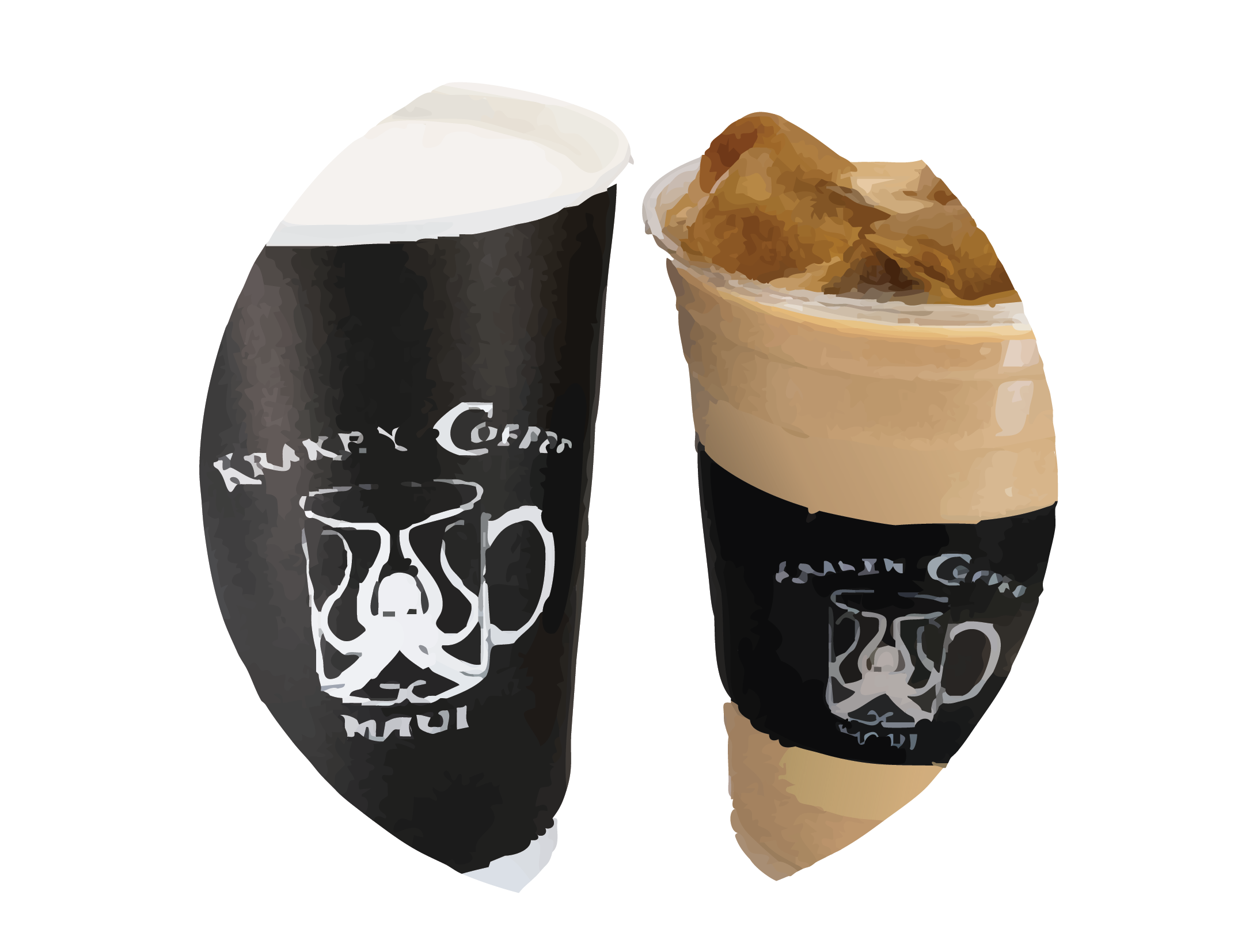 Two cups from Black Coffee, a black cup with a logo of white coffee cups and a black coffee drink in a beige cup with whipped cream on top.