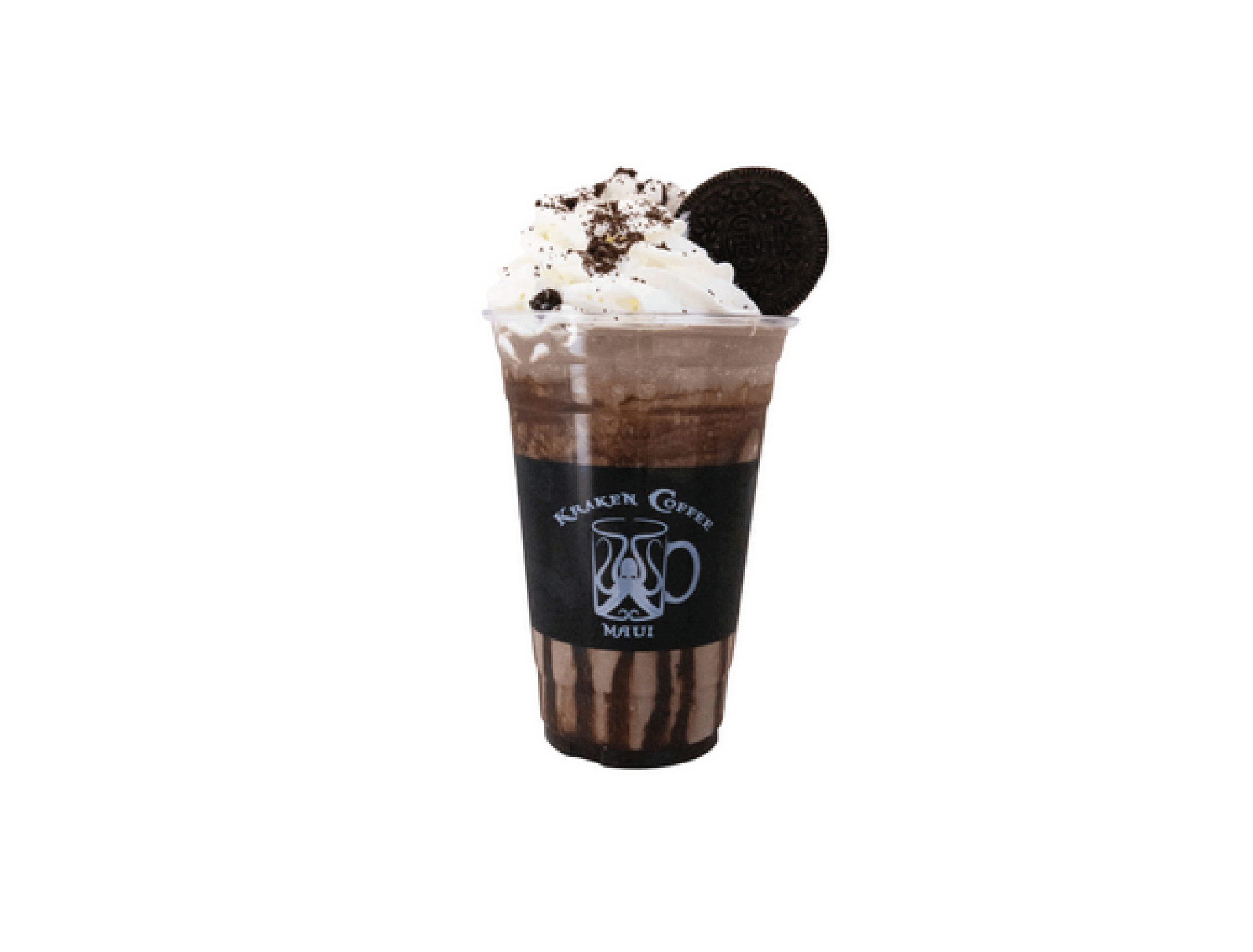 Chocolate beverage with whipped cream, Oreo cookie, and chocolate shavings in a clear plastic cup with a black label.