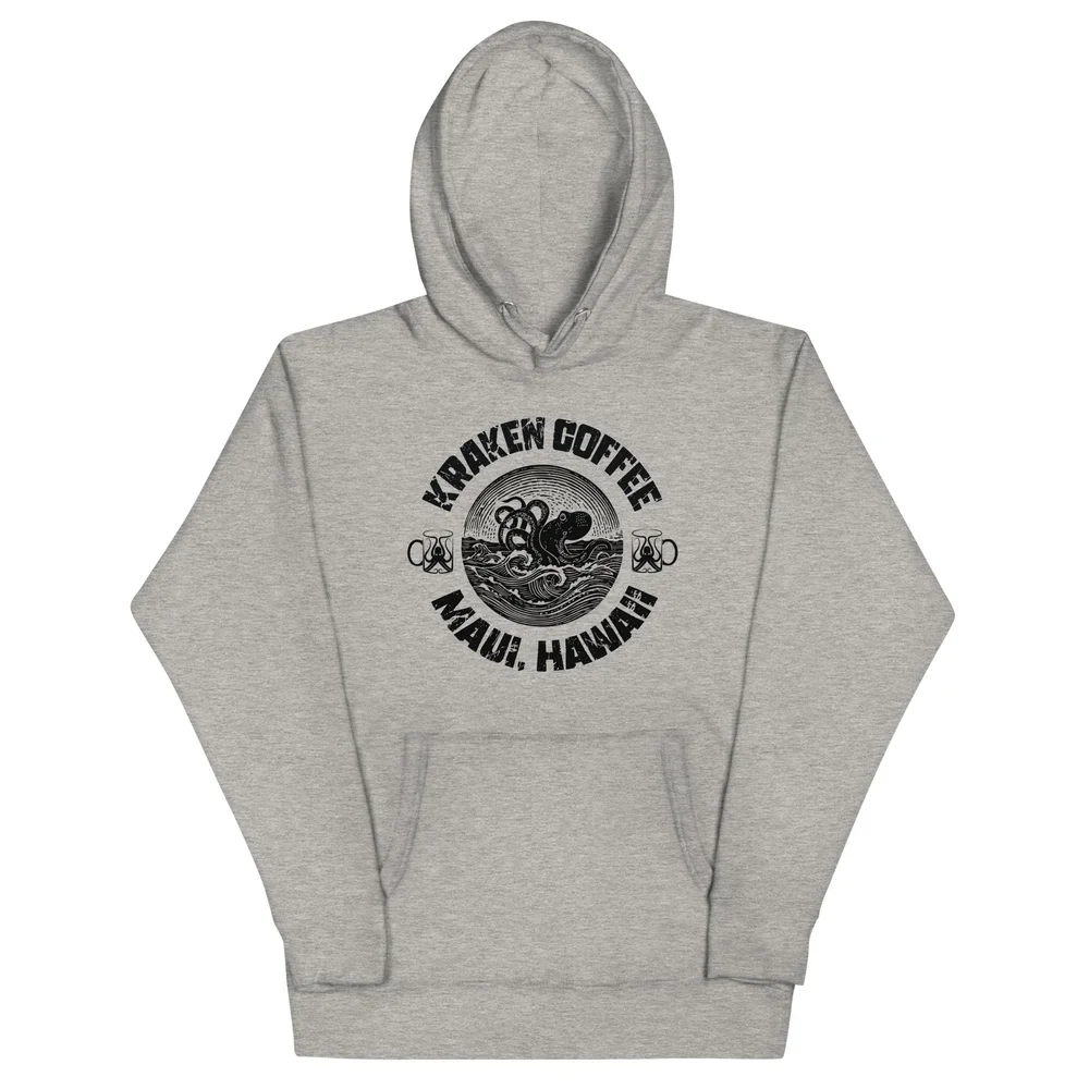 Gray hoodie with a circular graphic of a kraken tentacle rising from water and the text 'Kraken Coffee Maui, Hawaii' around it.