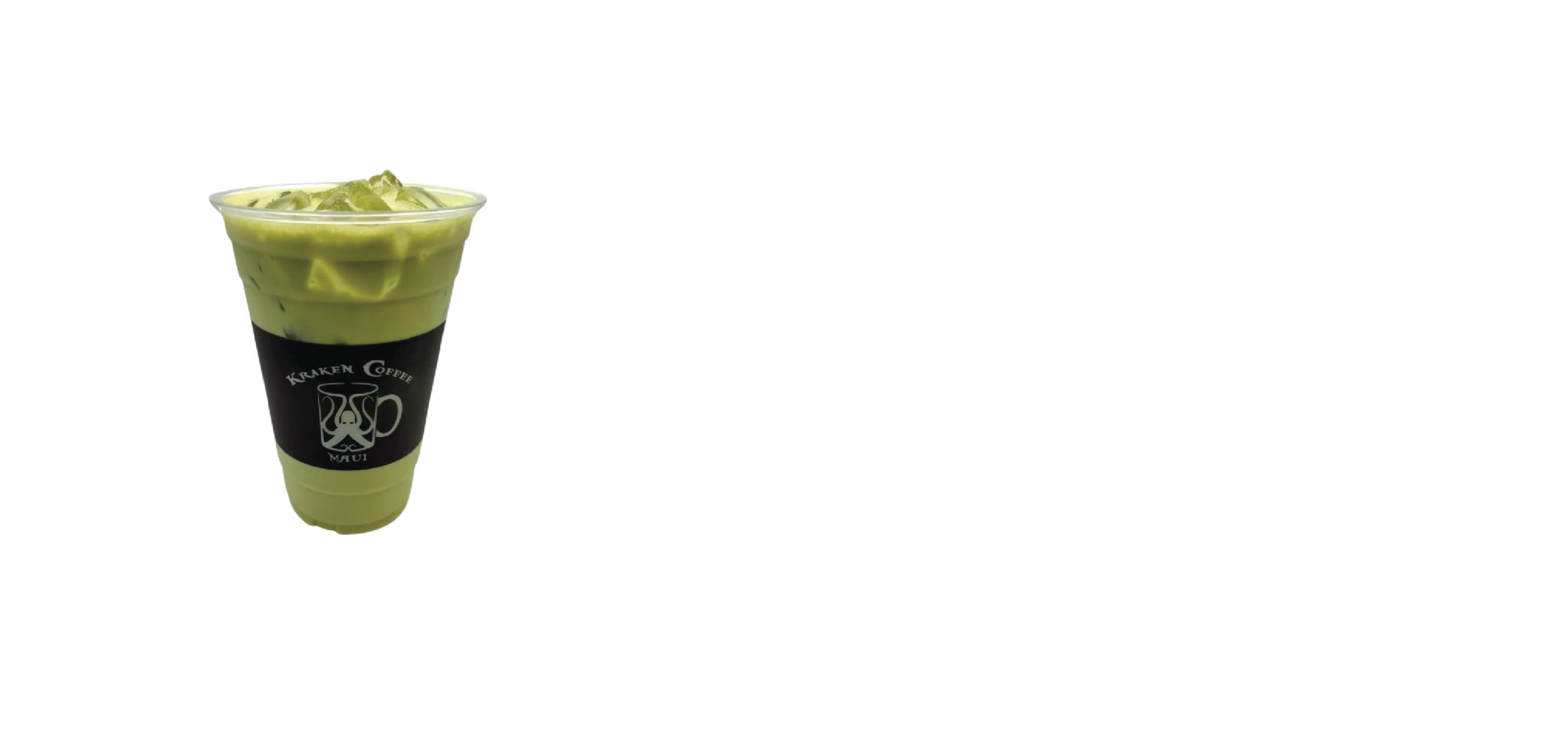 A menu sign featuring a picture of a matcha latte with green tea and ice, and options for hot or iced, in small, medium, or large sizes.