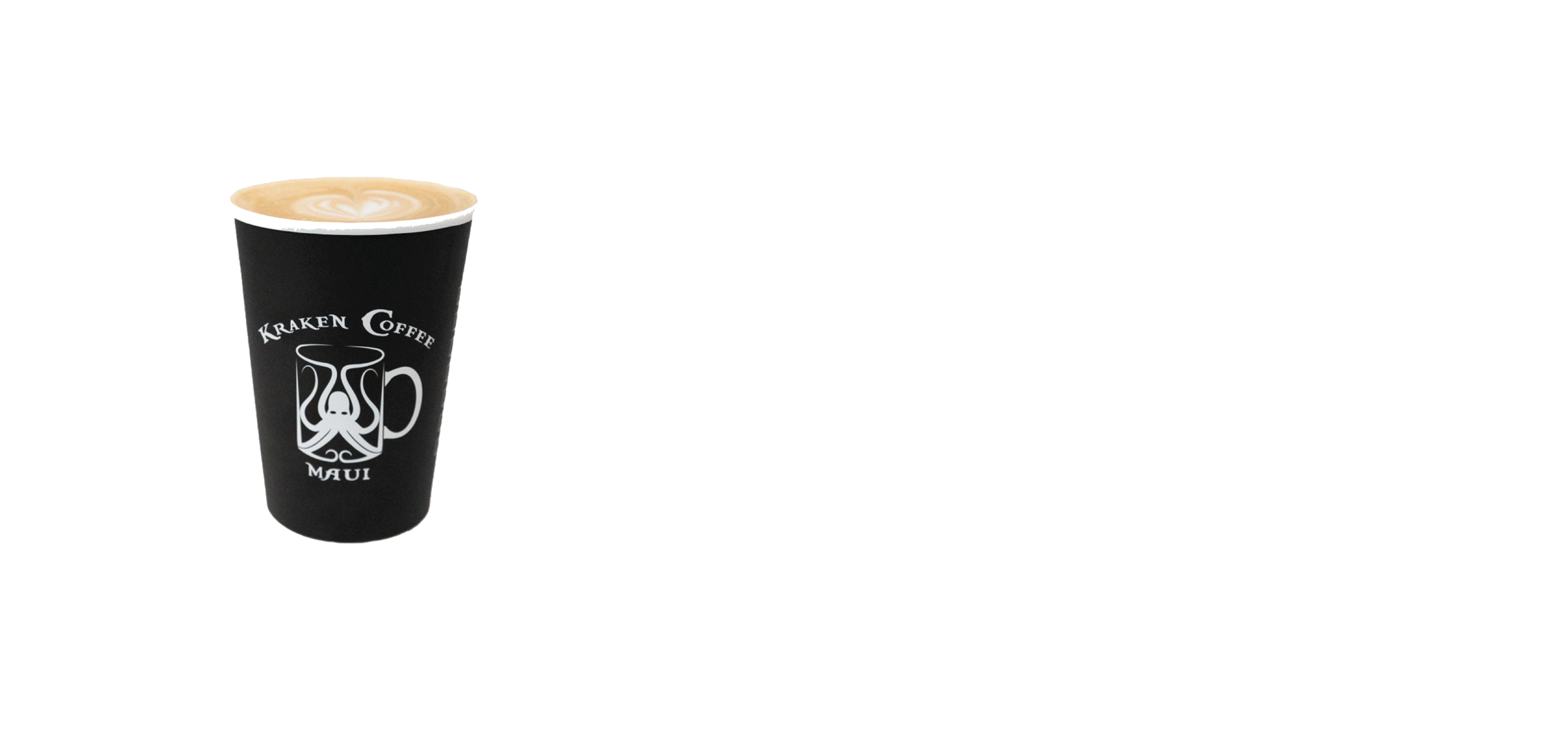 Black disposable coffee cup with white design and text 'Kraken Coffee' and 'Maui', filled with coffee that has latte art on top
