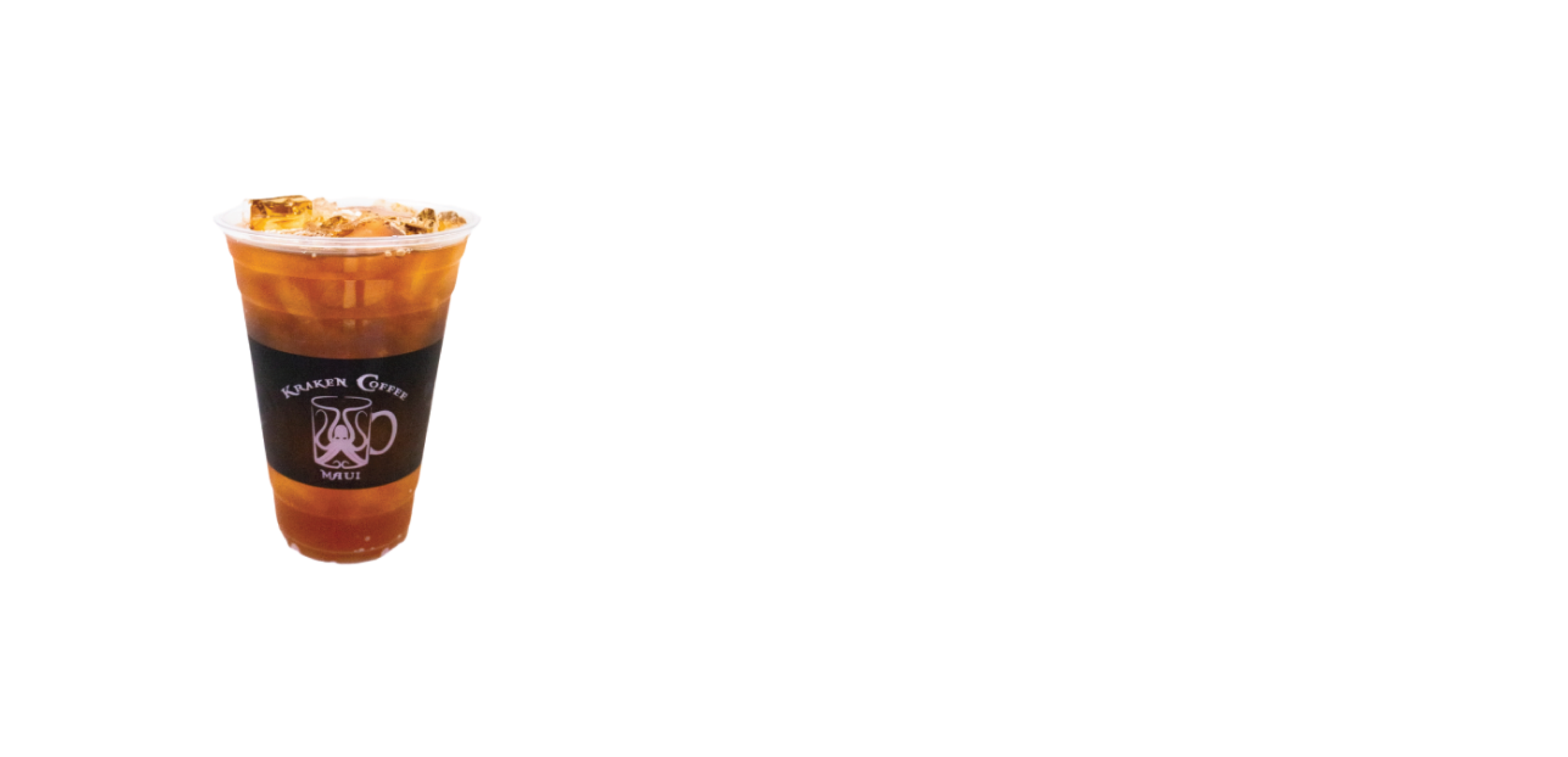 A menu sign displaying a picture of a large iced coffee with ice cubes, the Kraken Coffee logo on the cup, and options for hot or iced coffee in small, medium, or large sizes.