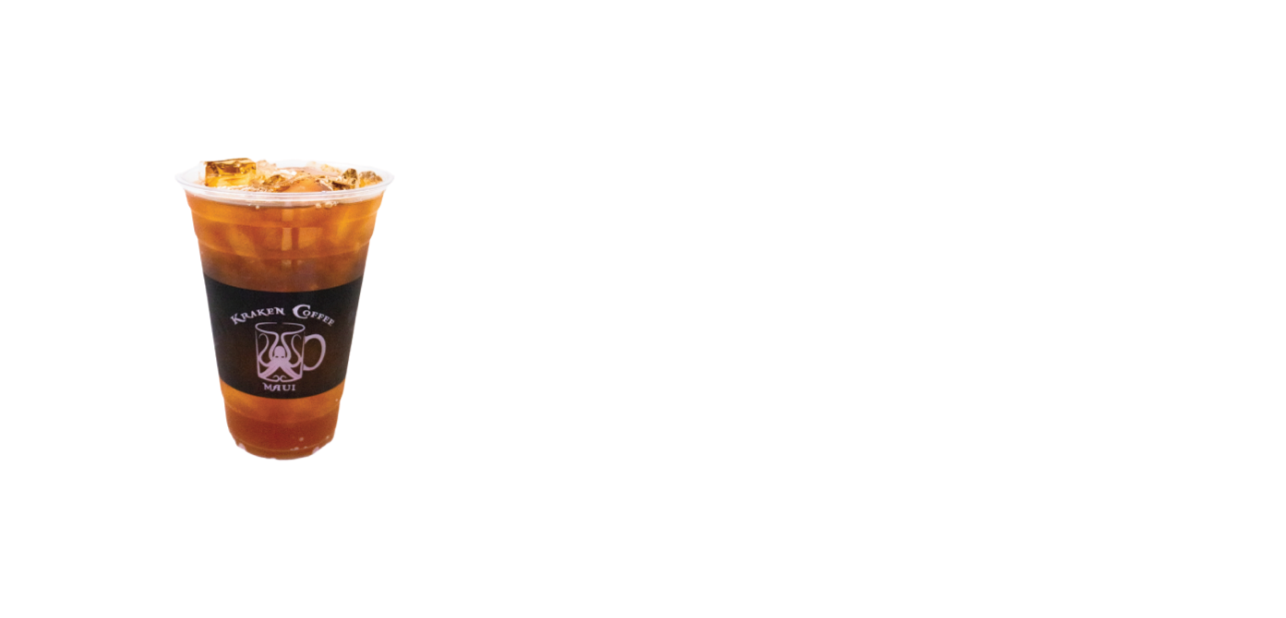 A plastic cup of iced coffee with ice cubes, featuring a logo that reads "KraKen Coffee Maui."