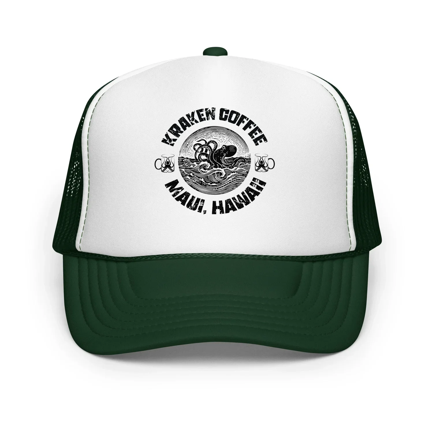 White and green trucker hat with a Kraken Coffee logo featuring an octopus and waves, reading 'Kraken Coffee, Mound, Hawaii'.