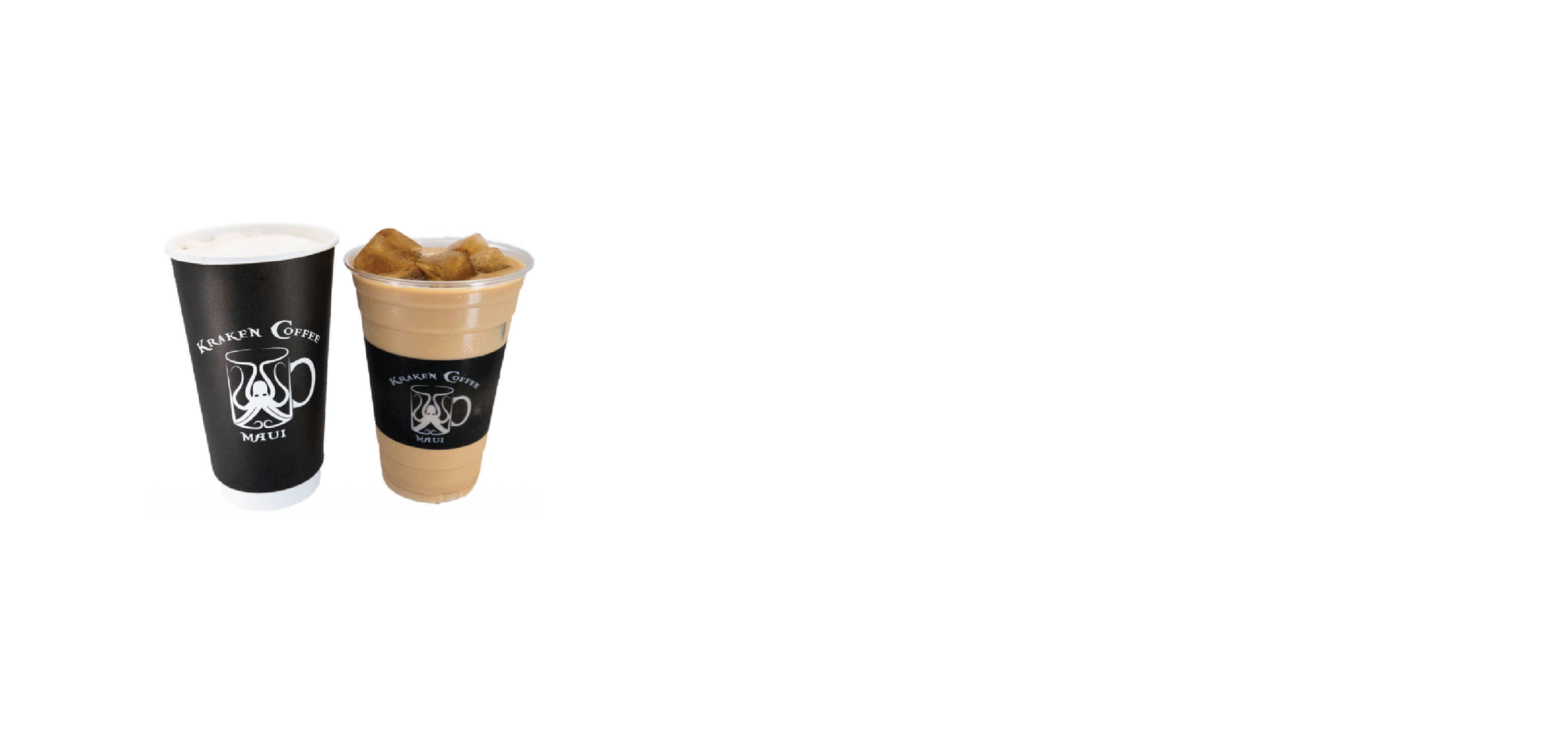 Menu sign featuring two coffee drinks in black cups with the Kraken Coffee Maui logo, offering a Kahili Kicker with options for small, medium, or large size in white text on a black background.