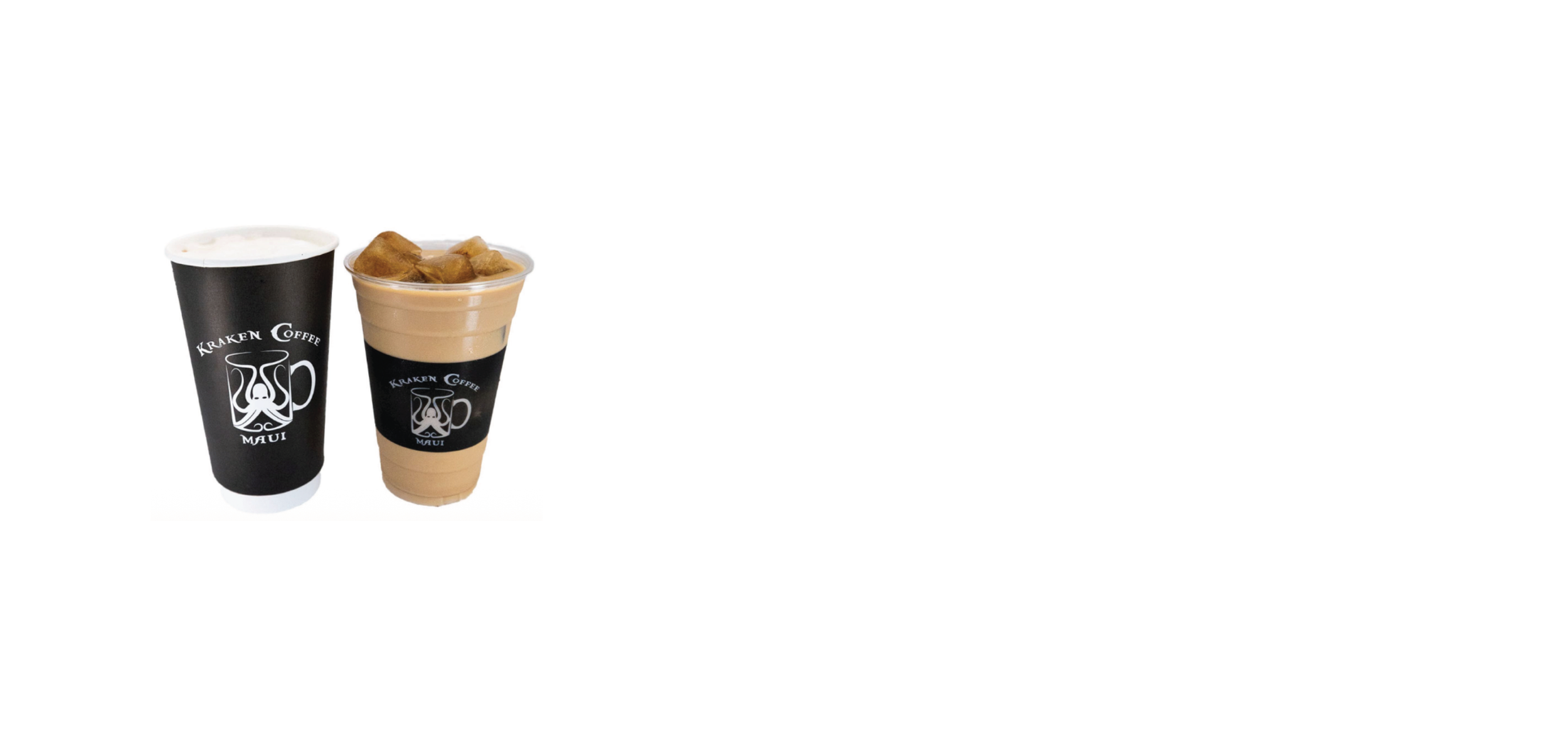 A menu offering White Mocha, a white chocolate latte served hot or iced, with options for small, medium, or large sizes. The menu features a picture of two drinks in black coffee cups with the Kraken Coffee Maui logo.