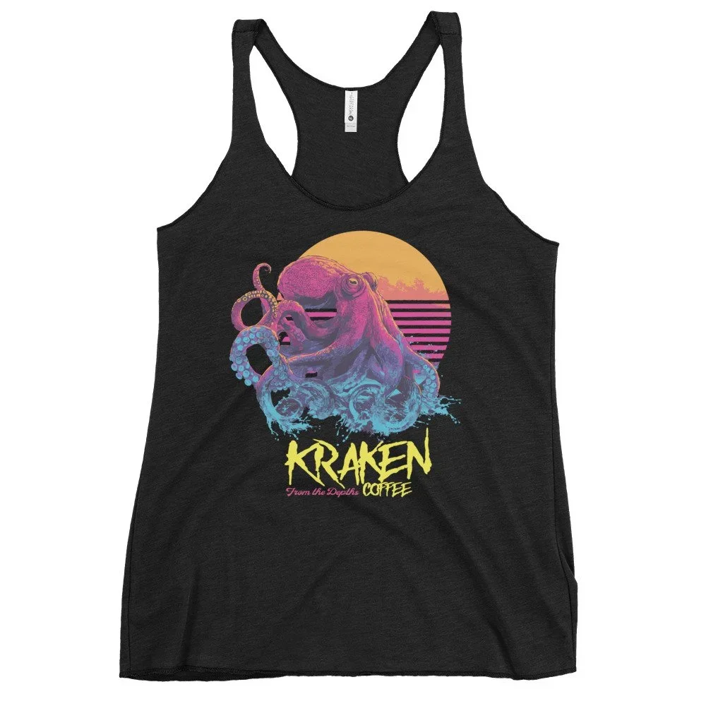 Black tank top with a graphic of a purple and blue kraken in front of an orange sunset with pink and purple hues, with the text 'KRAGEN' and 'From the Depths' and 'COFFEE'