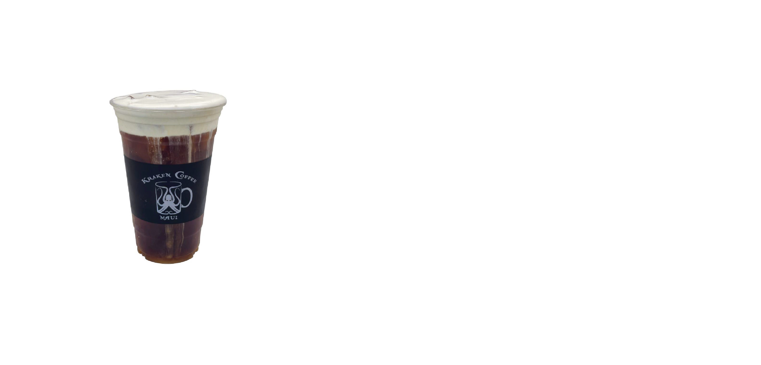 Cold beverage in a clear plastic cup with whipped cream on top, branded with a black sleeve that says 'Kraken Coffee Maui' and features a stylized octopus logo, against a white background.