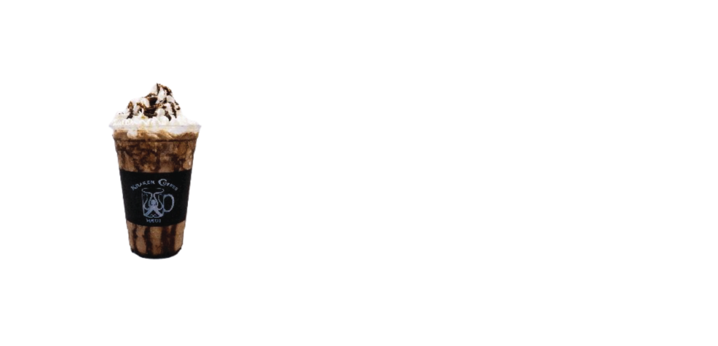 A chocolate frappuccino topped with whipped cream and chocolate drizzle, served in a clear cup with a black sleeve that has a coffee shop logo.