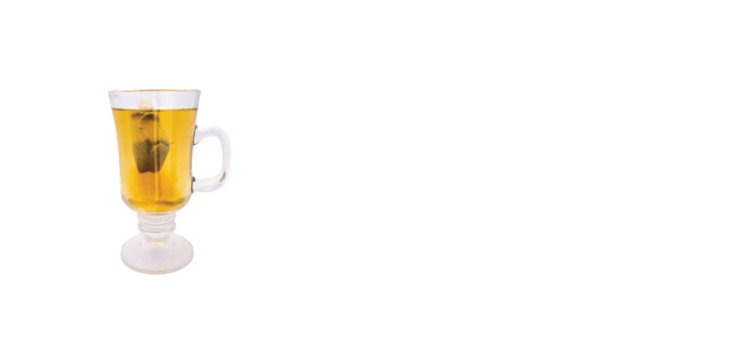 Clear glass mug filled with hot tea, a tea bag inside, placed on a white background.