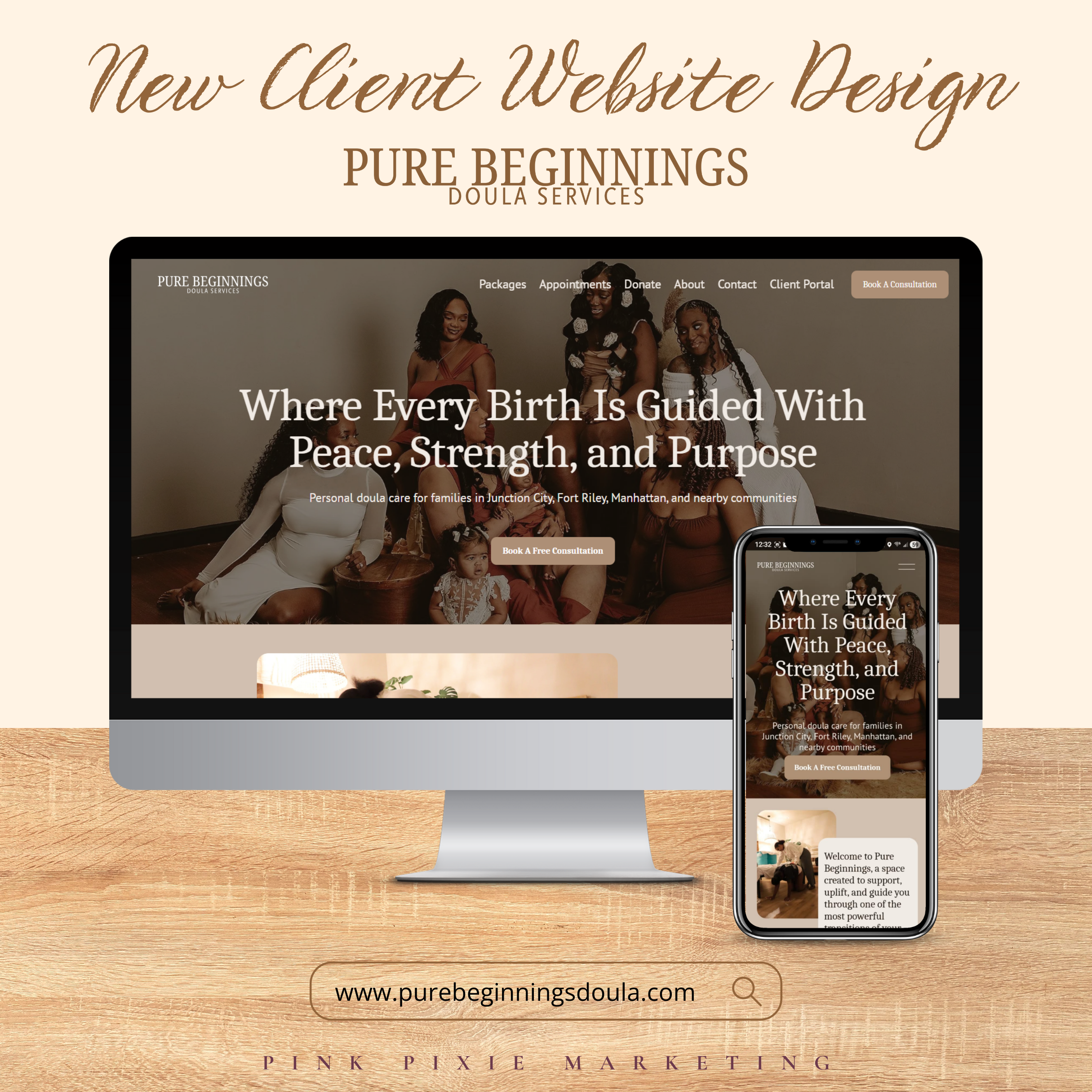 A computer monitor and smartphone display the homepage of Pure Beginnings Doula Services website, featuring a group of women and children, with text about guided birth support, on a wooden surface background.