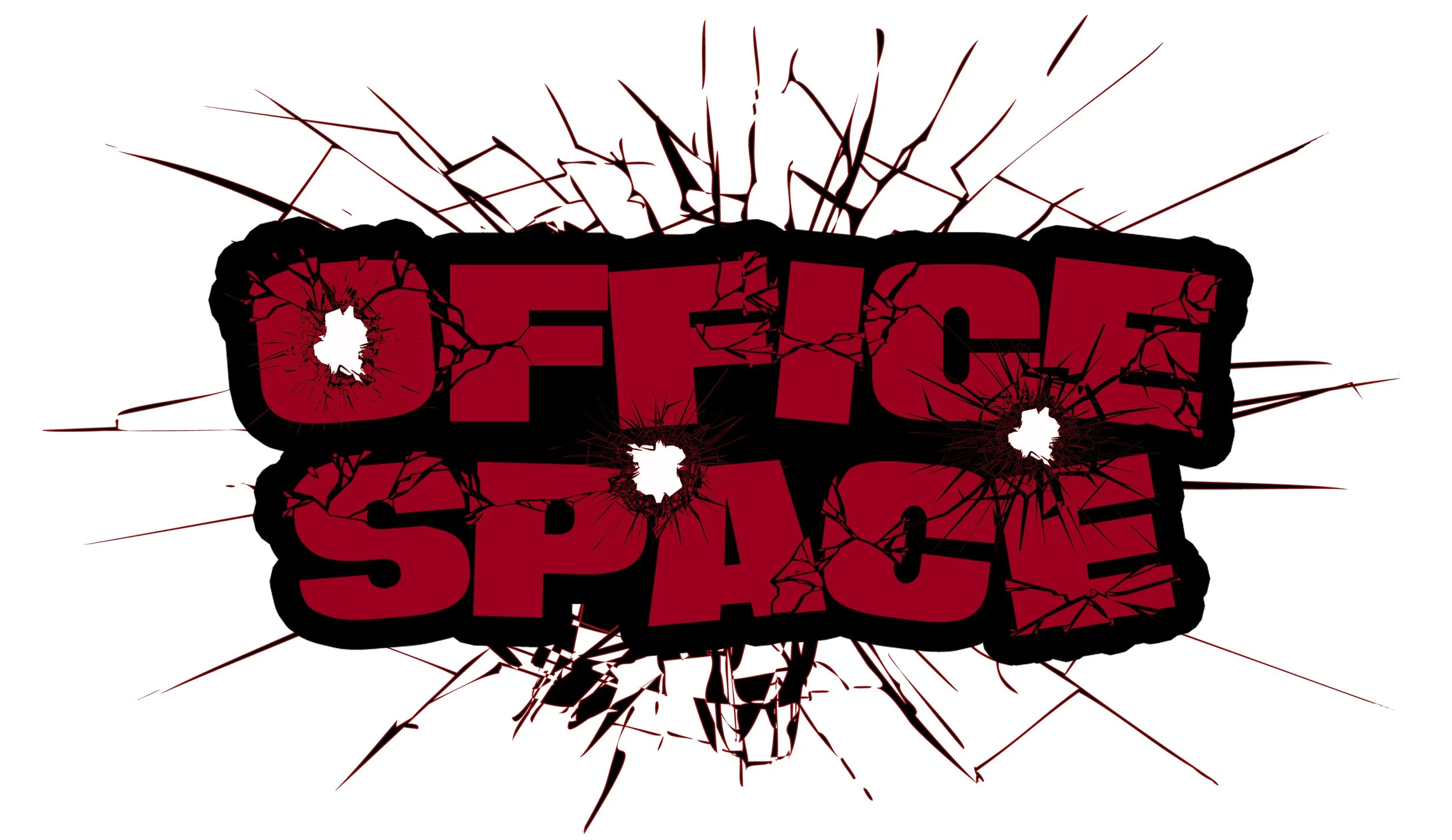 Text that reads 'Office Space' with a shattered glass effect and bullet holes.