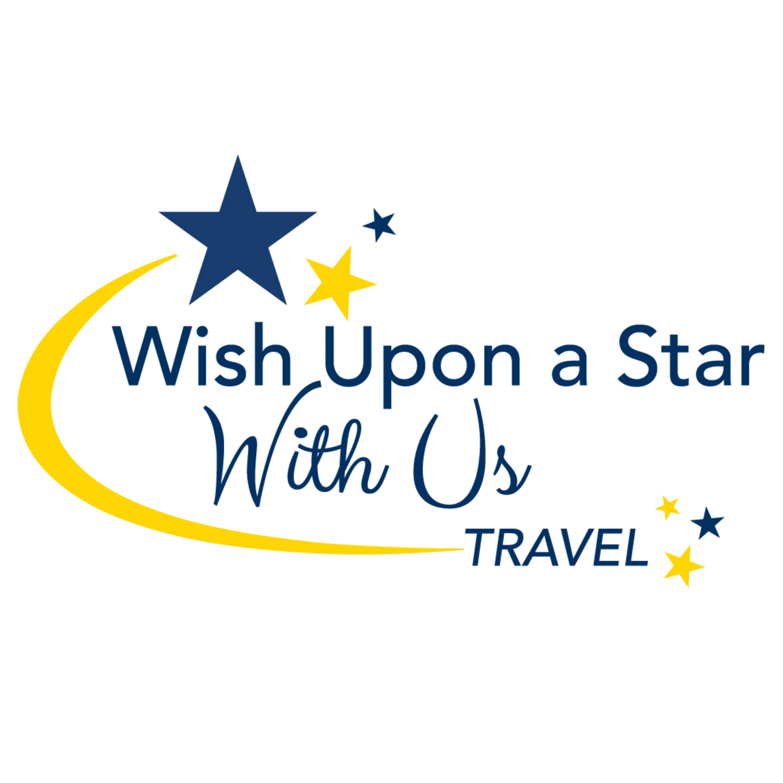 A decorated logo with a large yellow star, small blue and yellow stars, and the text 'Wish Upon a Star With Us' in blue and a yellow crescent shape, with the word 'TRAVEL' underneath.