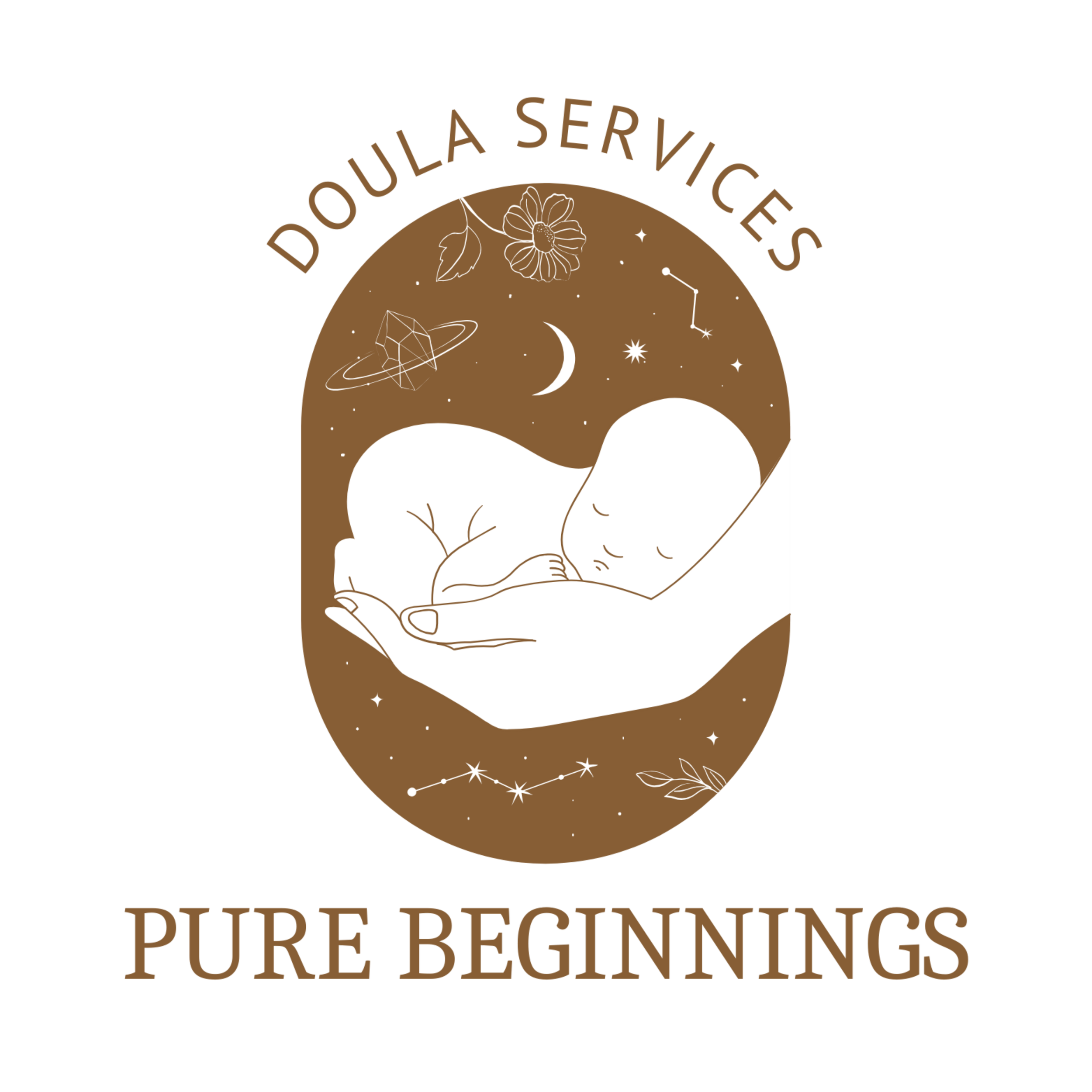 Illustration of a baby sleeping in a hand with celestial elements like the moon, stars, and planets in the background. Text above reads 'Doula Service' and below 'Pure Beginnings'.