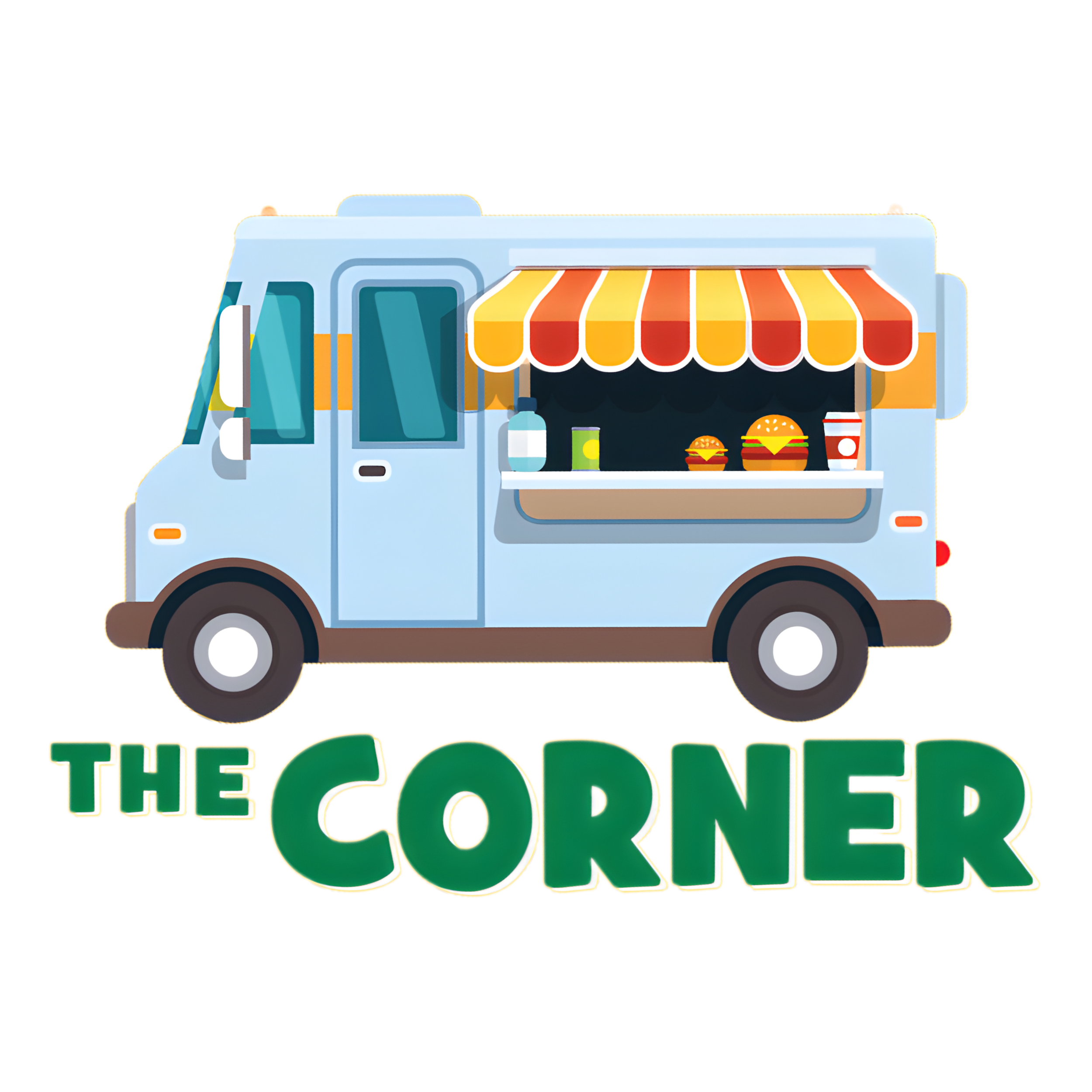 An illustrated food truck with a red and yellow striped awning, serving burgers, a drink, and a water bottle, with the words "The Corner" in bold green and white letters underneath.