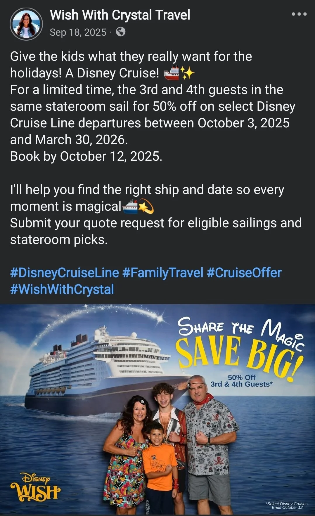 Facebook post promoting a Disney Cruise Line offer for families.