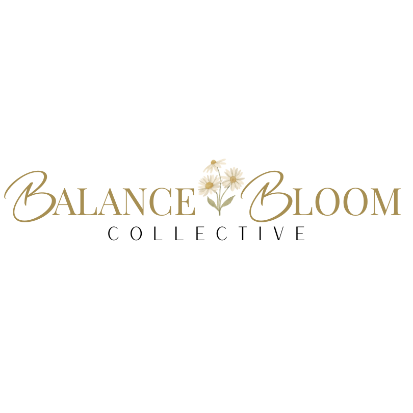 Logo for Balance Bloom Collective with a flower illustration above the text.