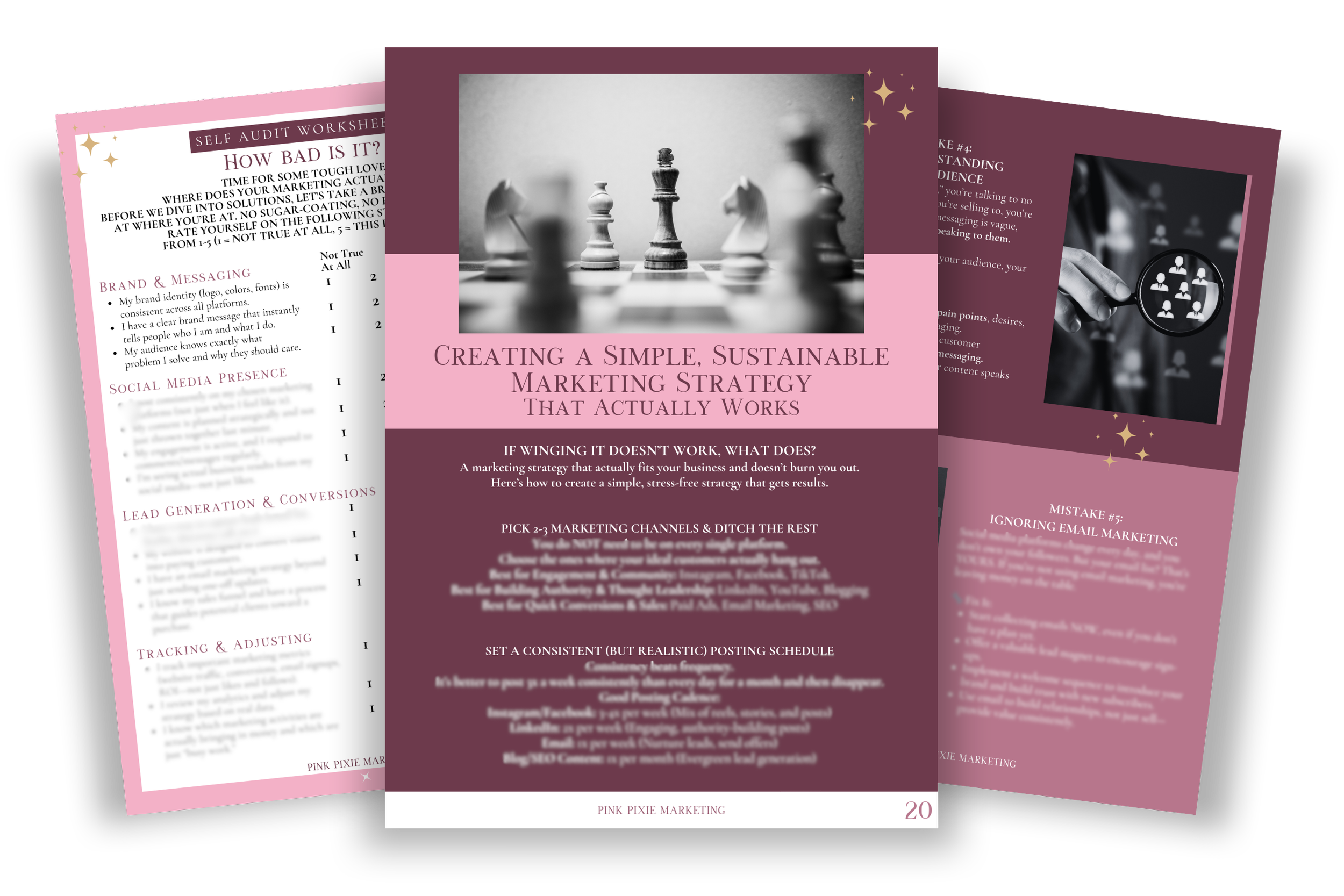 A pink and purple marketing strategy guide titled "Creating a Simple, Sustainable Marketing Strategy That Actually Works" with a chessboard image at the top. The guide includes sections on marketing channels, posting schedules, and social media strategies.