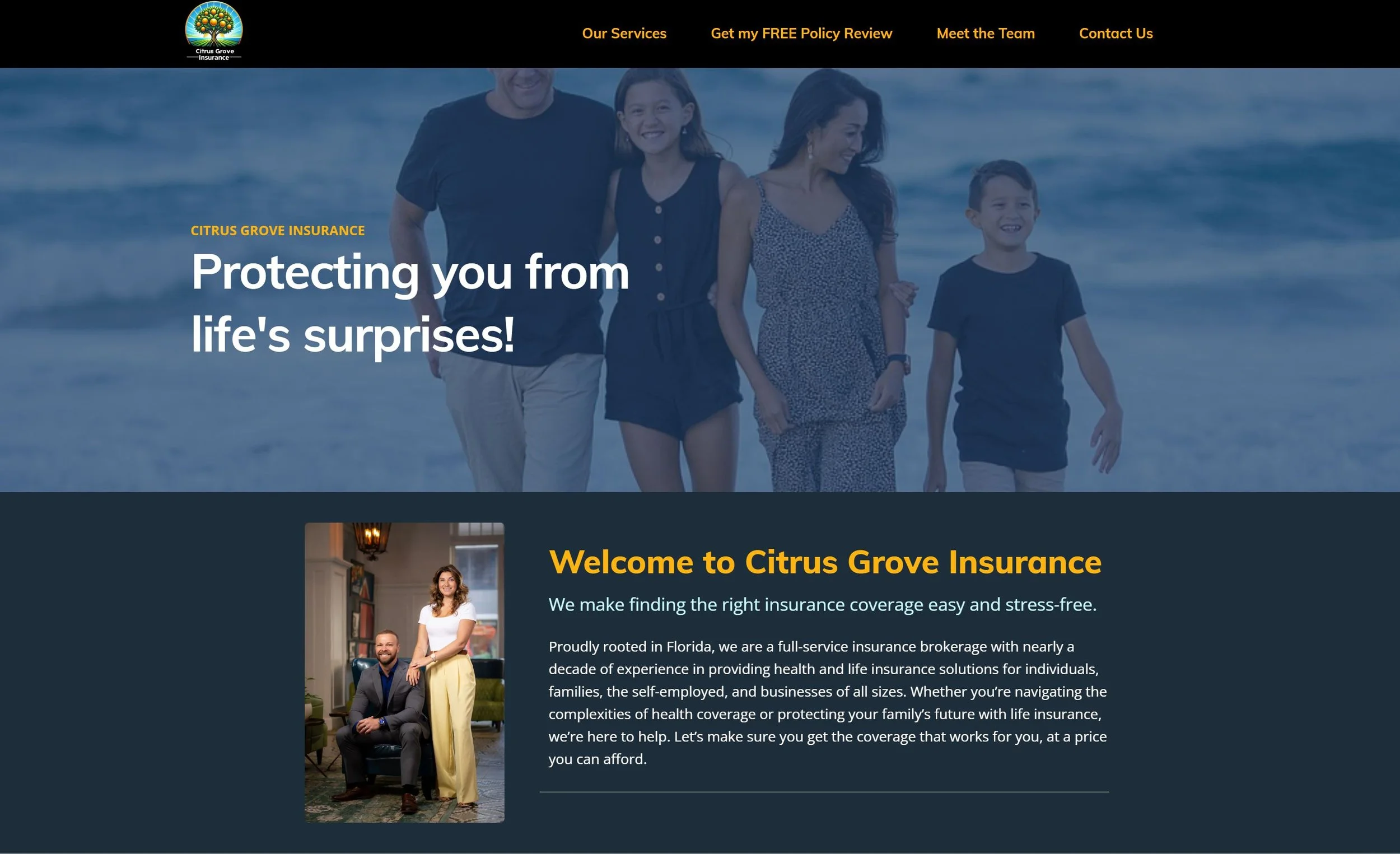 Screenshot of Citrus Grove Insurance website homepage featuring a family walking on the beach and an image of two people in an indoor setting. The top navigation menu includes options: Our Services, Get my FREE Policy Review, Meet the Team, Contact Us.