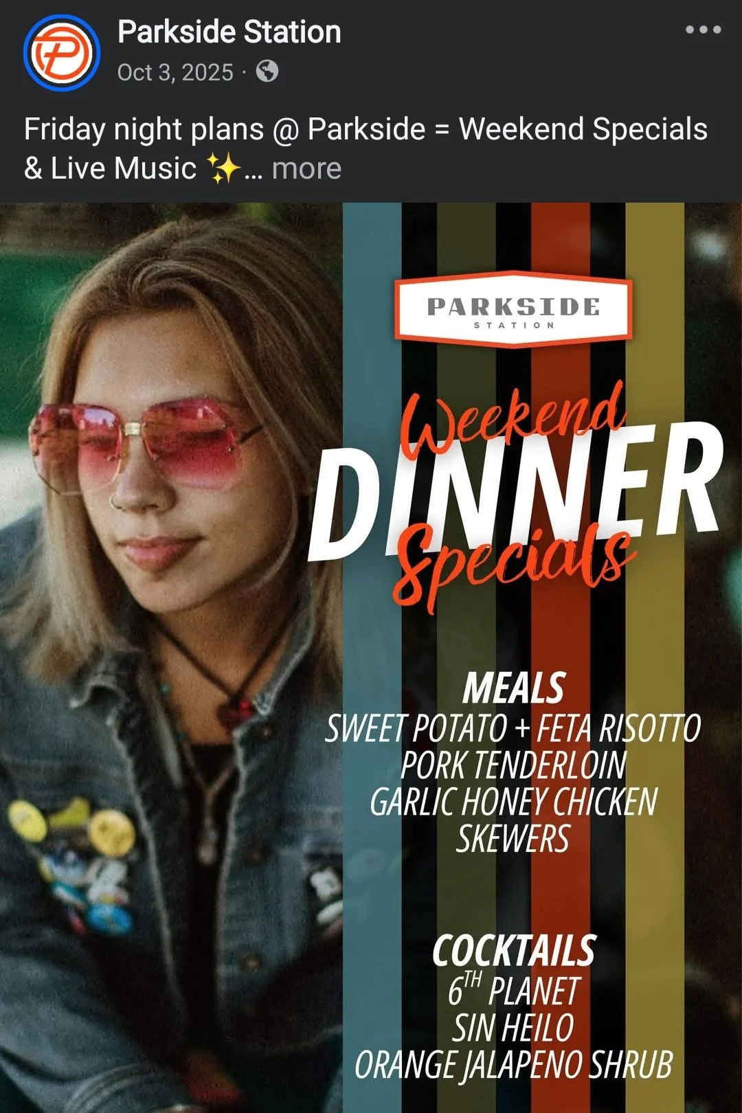 Facebook post promoting weekend dinner specials and live music at a local restaurant.