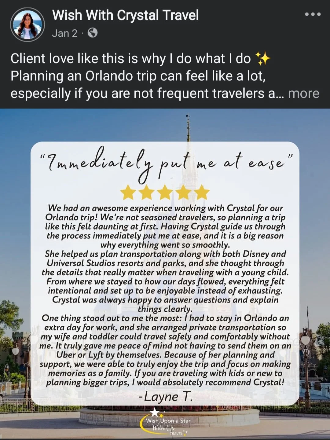 Facebook testimonial post displaying a client review for a travel planning service.