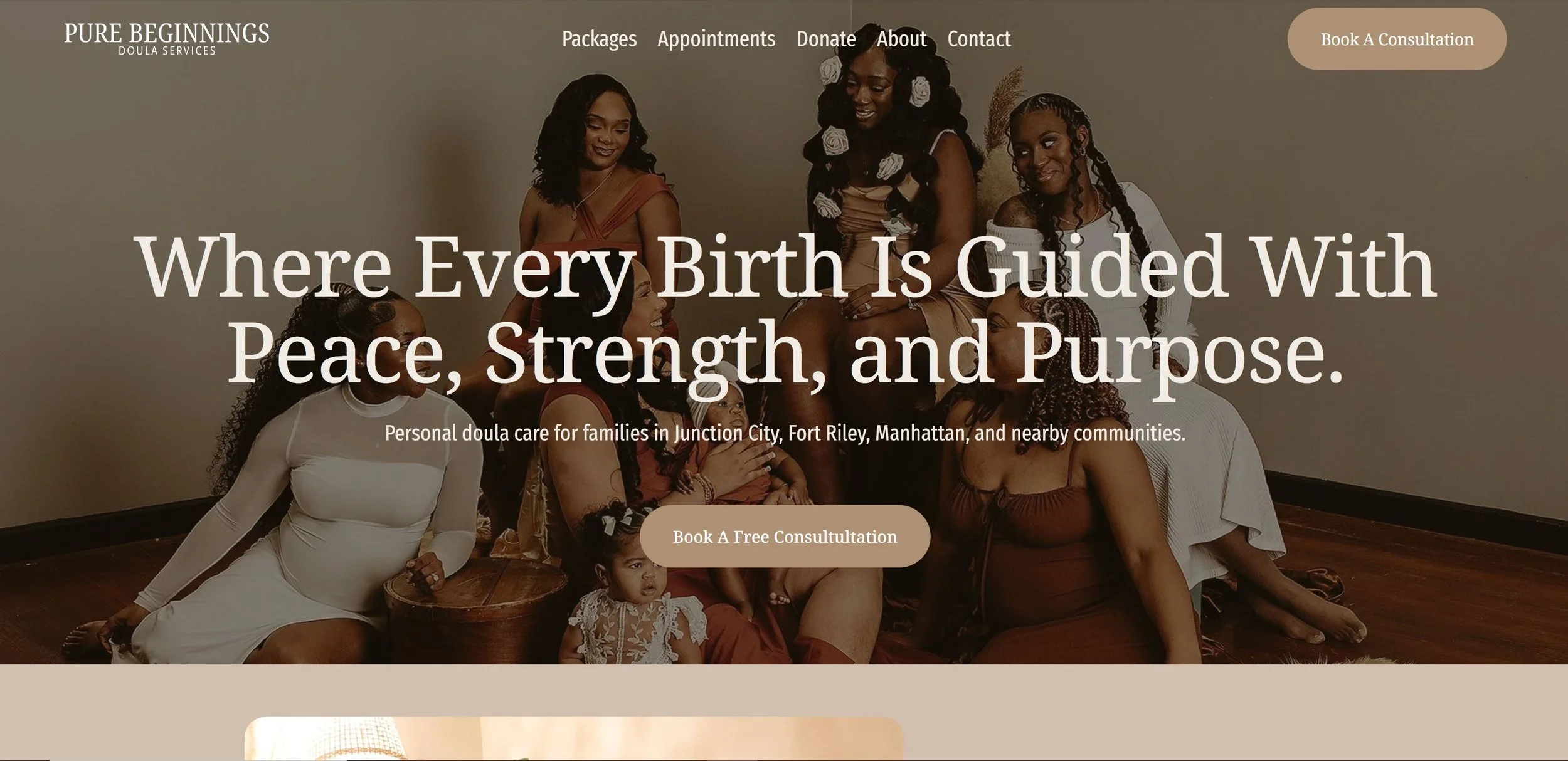Homepage of Pure Beginnings Doula Services featuring a group of women and children with a welcoming message about childbirth support.