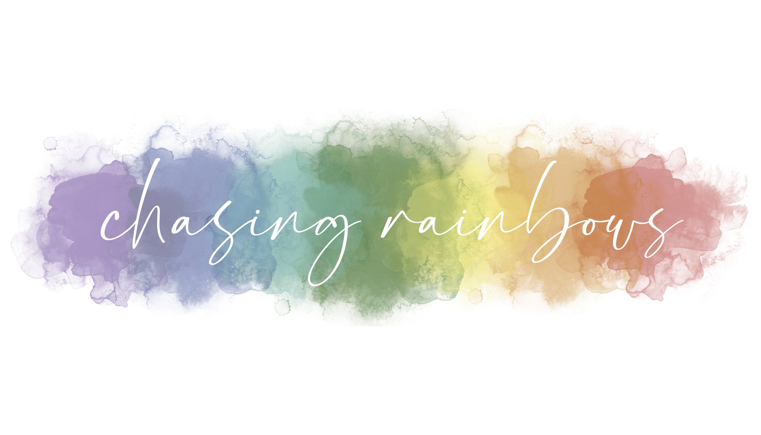 Colorful watercolor background with the phrase 'chasing rainbows' written in white cursive font.