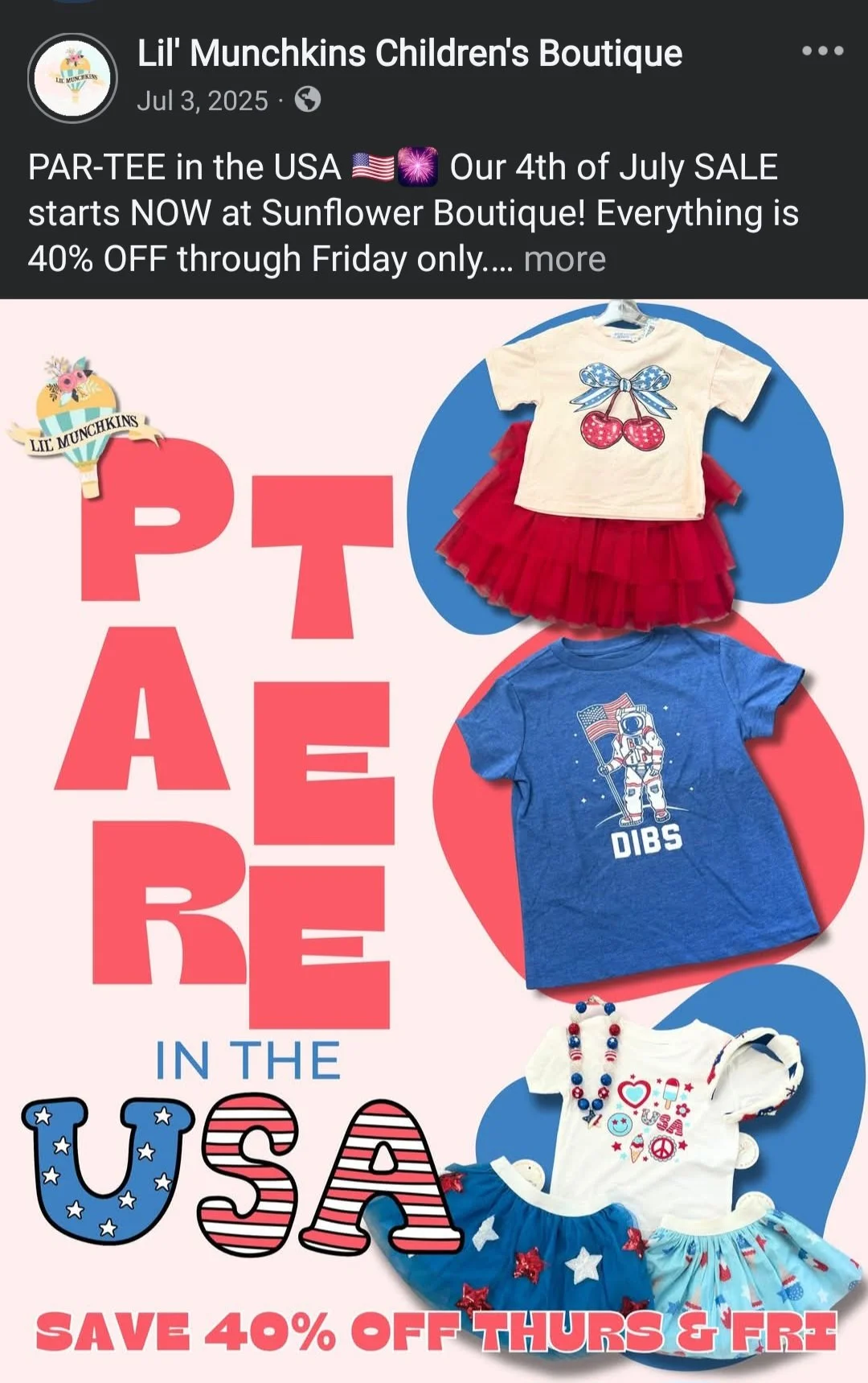 Facebook post promoting a 4th of July sale for a children’s clothing boutique featuring multiple outfits.